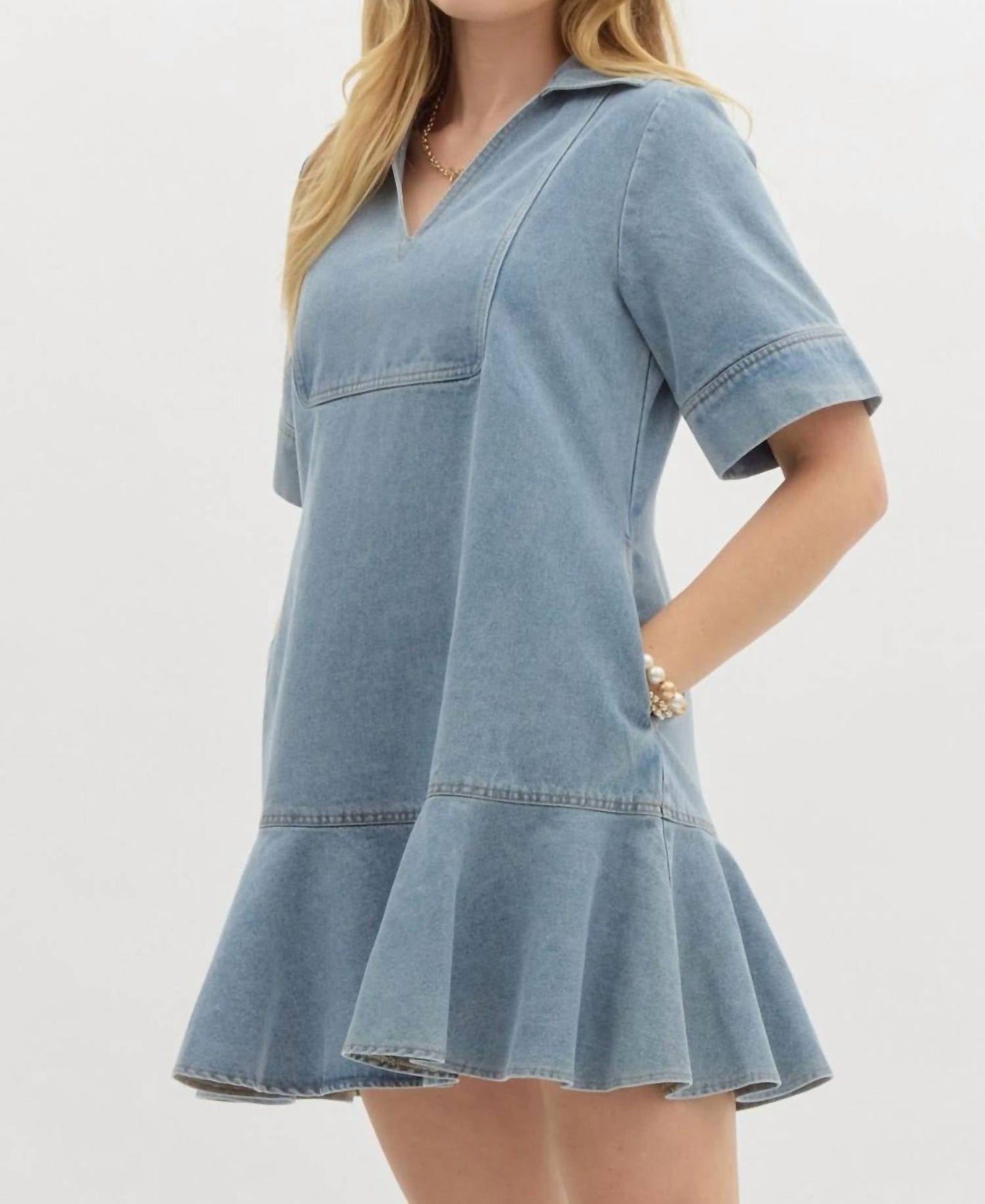 Entro - Denim V-neck Ruffled Mini Dress