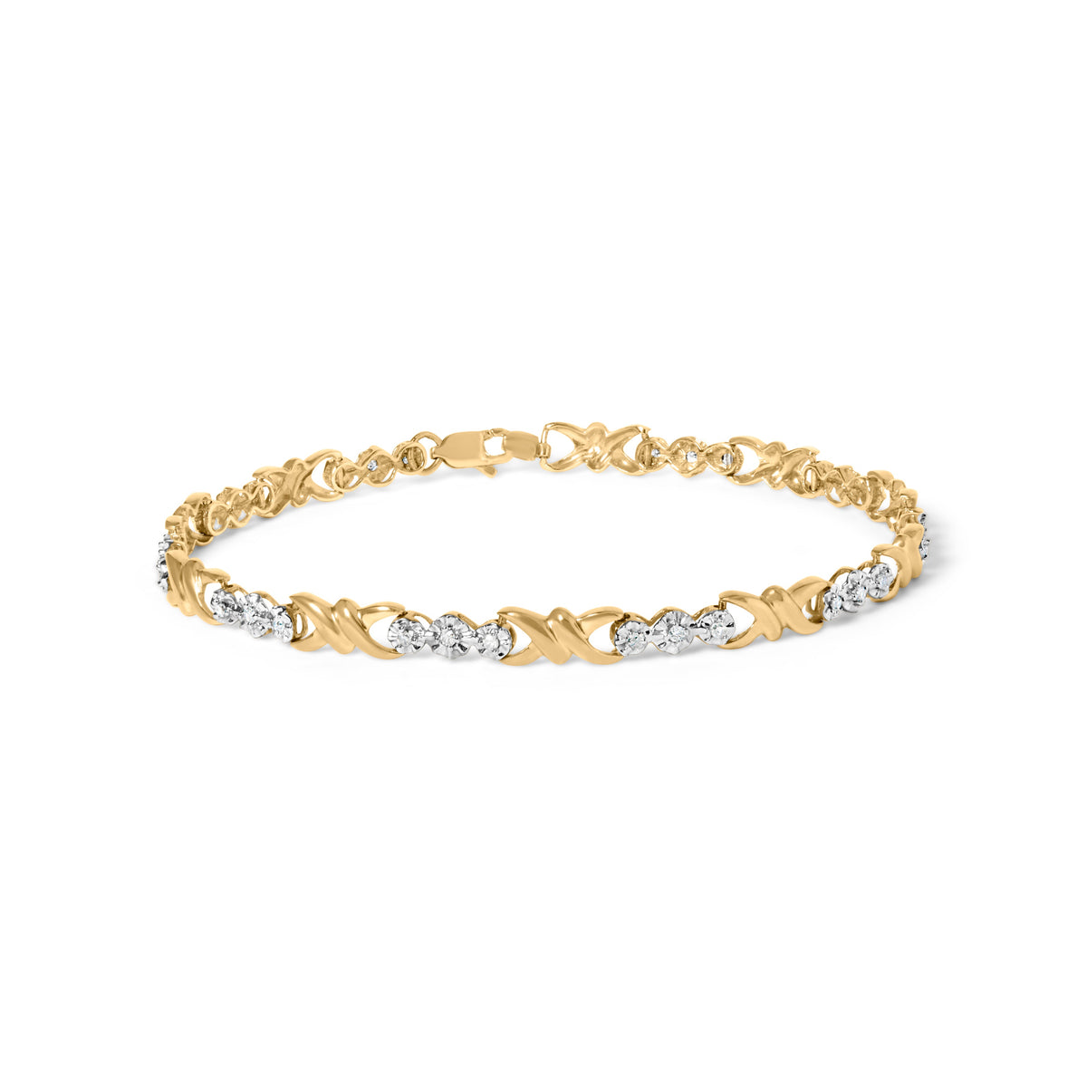 10k Yellow Gold 1/3 Cttw Diamond 3 Stone and X-Link Bracelet (I-J Color, I1-I2 Clarity) - 7.50" Inches