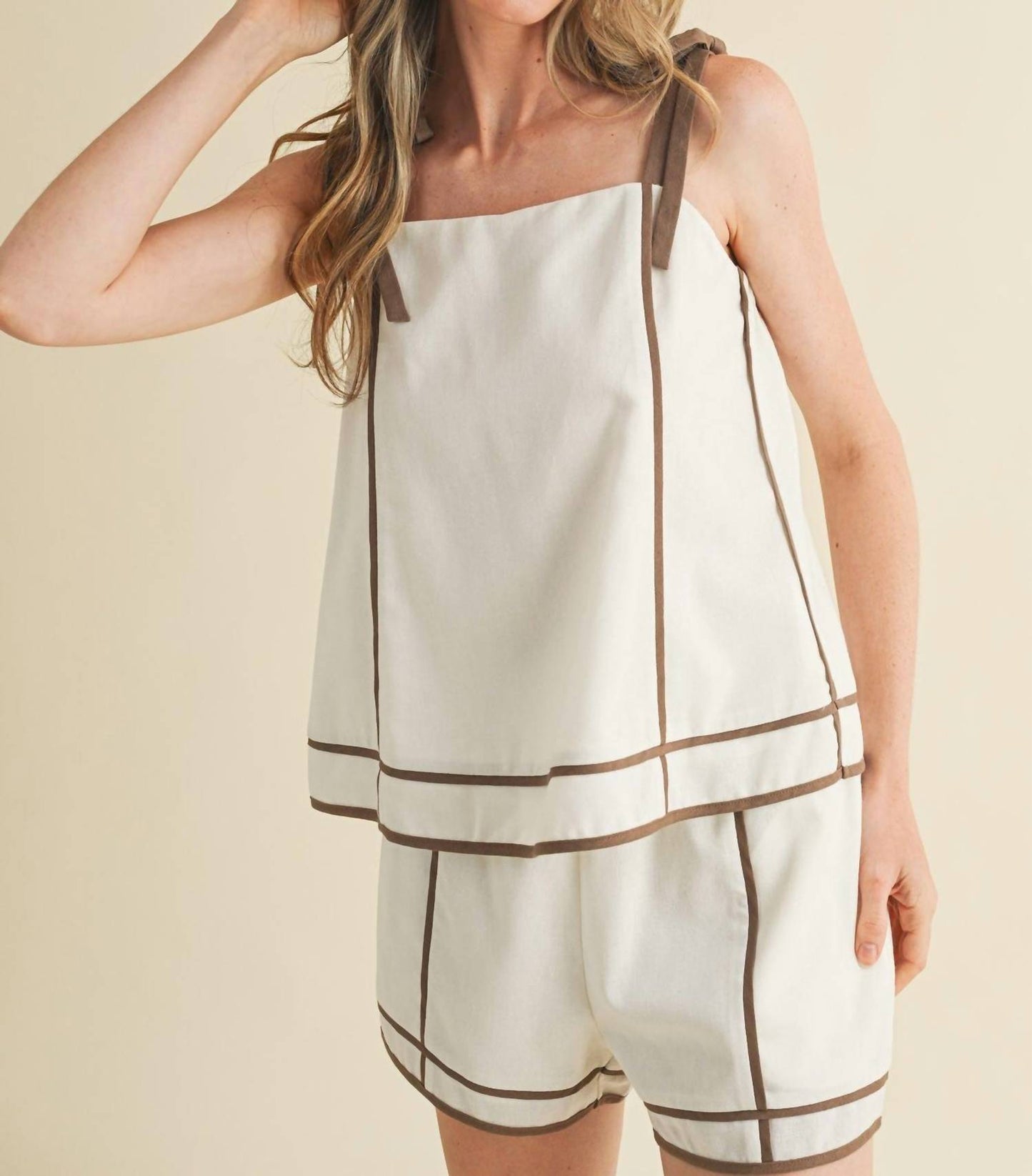 &Merci - Haley Contrast Piping Tie Shoulder Top And Shorts Set