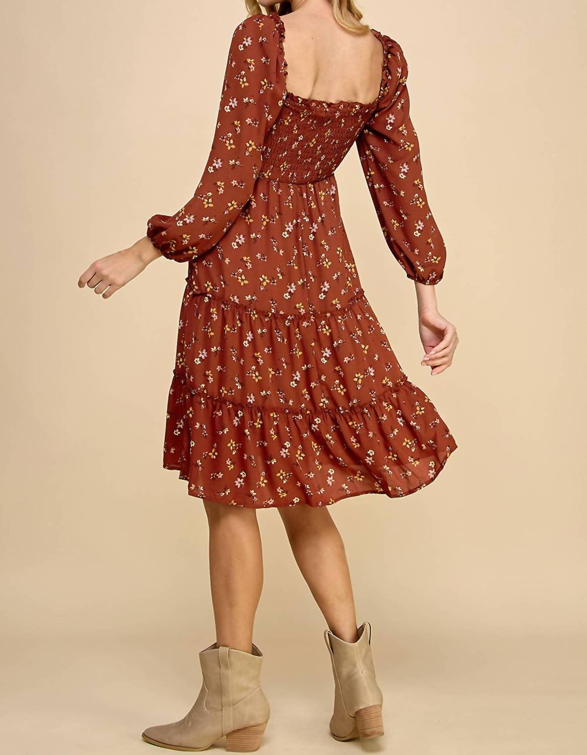 A.U.W. - Tiered Floral Dress With Smocking Long Sleeve