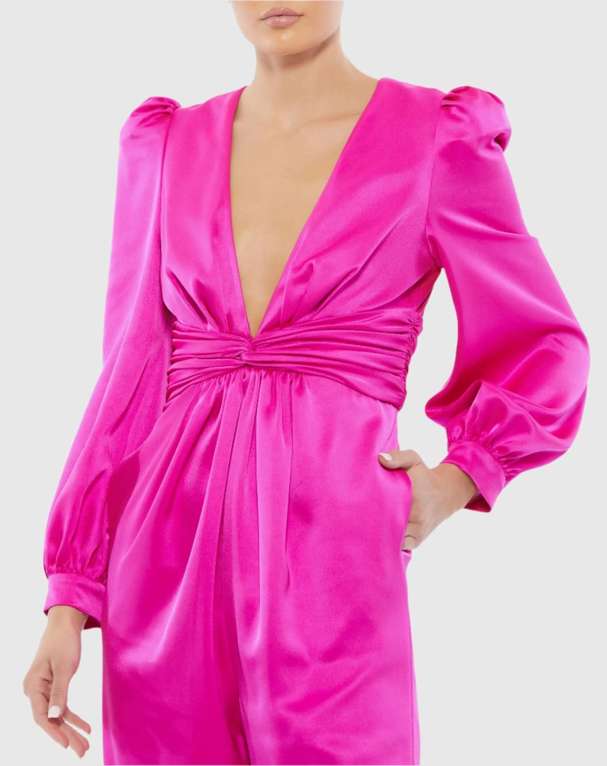 Mac Duggal - Front Twist Puff Sleeve Deep V Jumpsuit