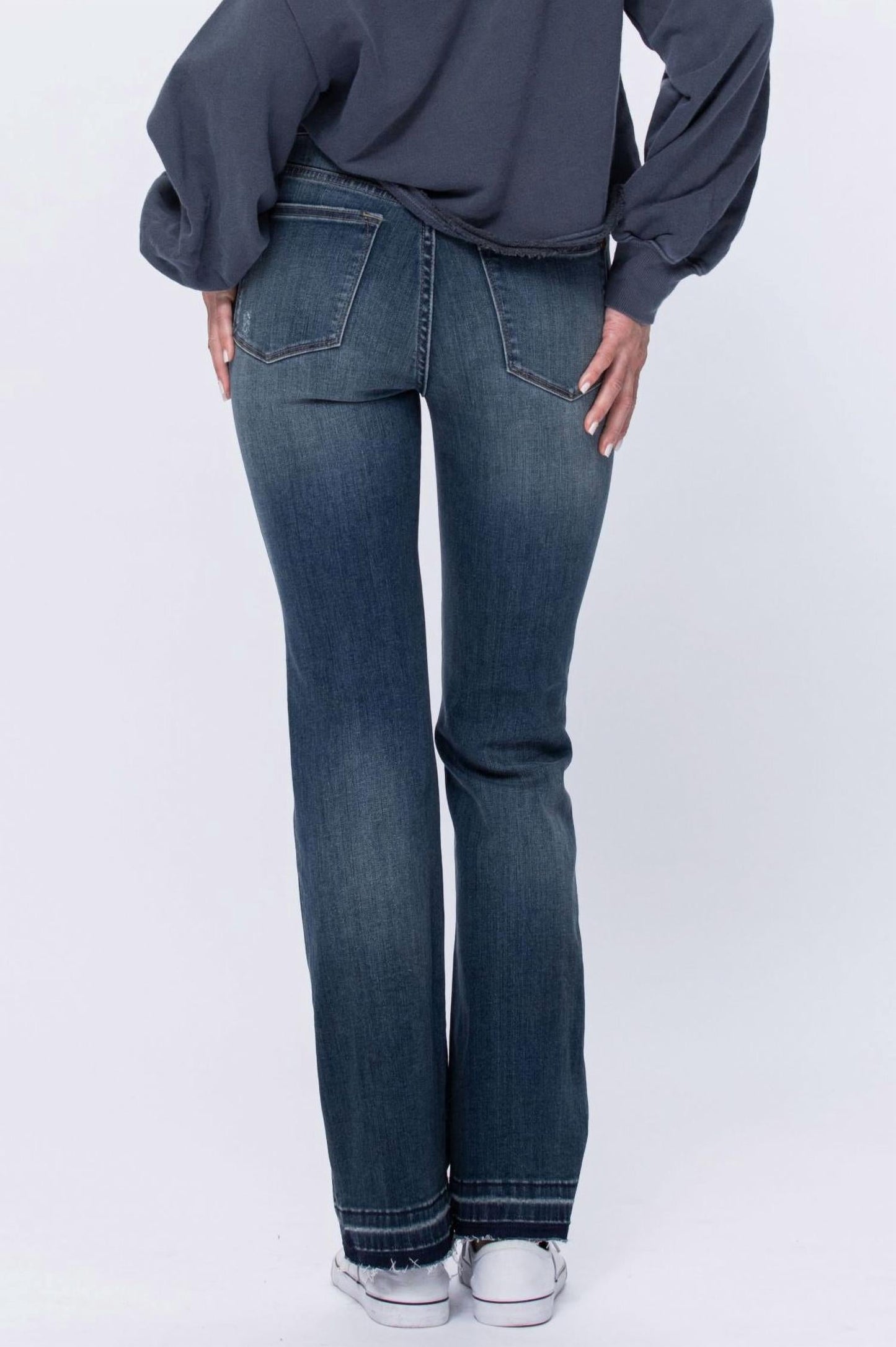 Judy Blue - Mid Rise Bootcut Patched Distressed Knee Raw Hem Jeans - Plus Sizes