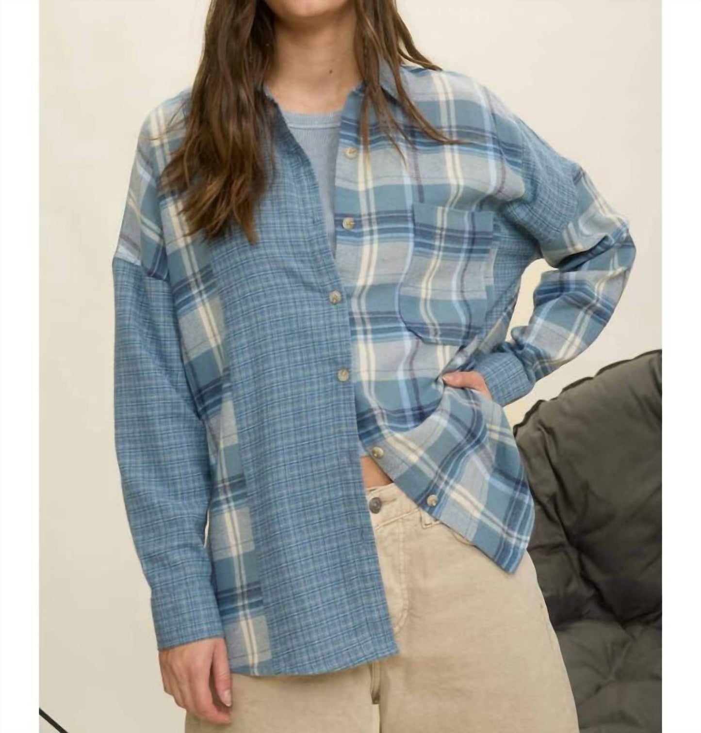 Blu Pepper - Colorblock Plaid Long Sleeve Button Down Shirt