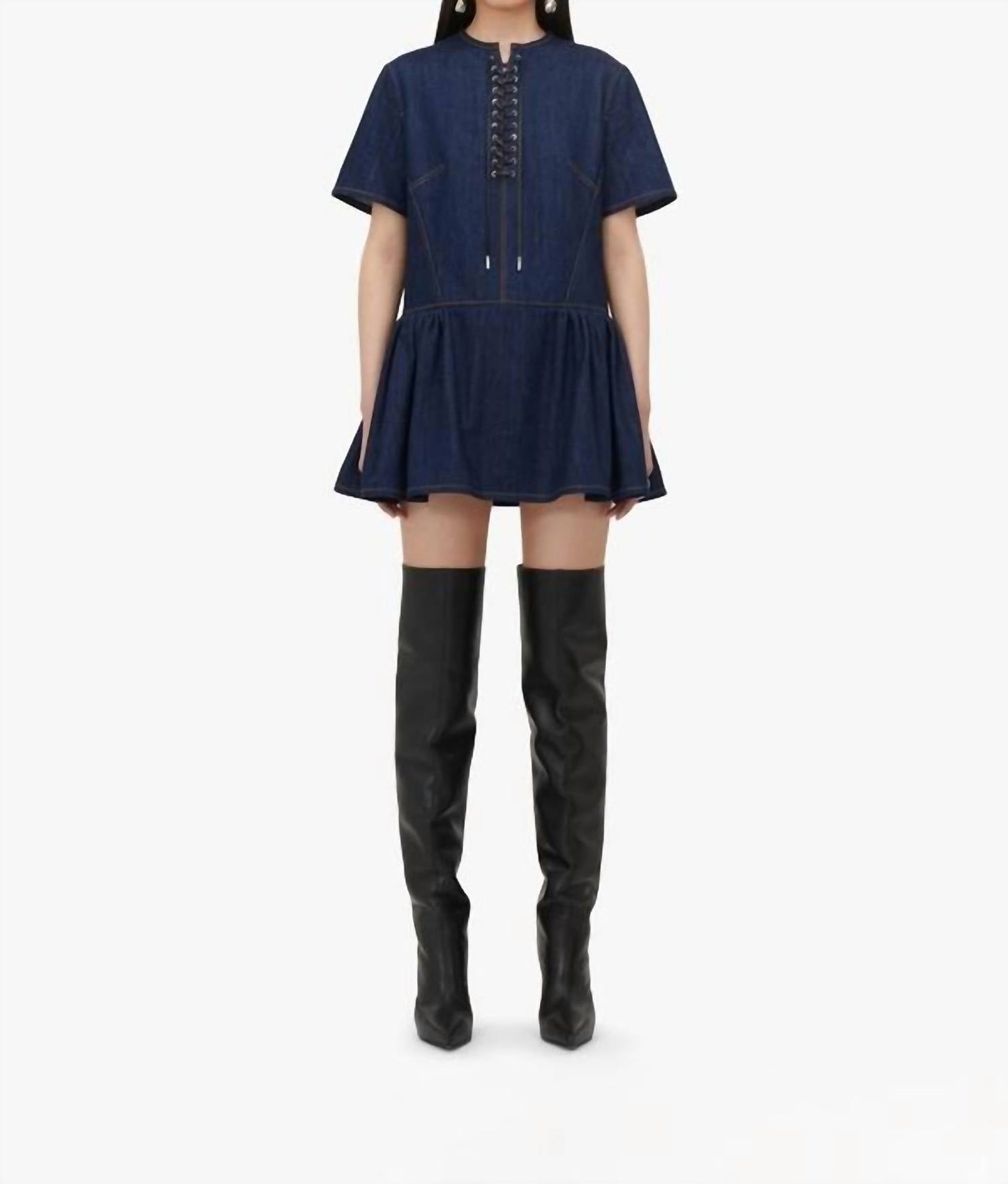 Alexander Mcqueen - Tiered Lace-up Topstitched Denim Dress