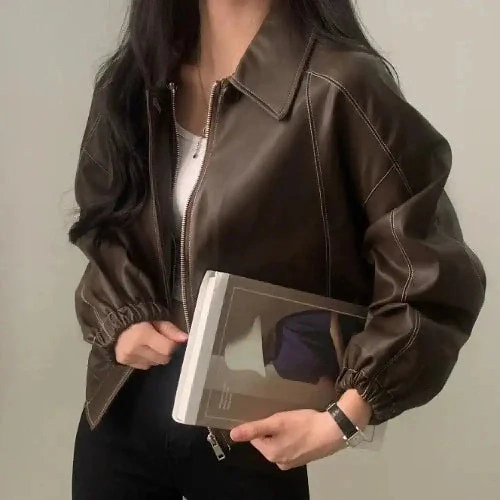 Black Faux Leather Bomber Jacket with Contrast Stitching