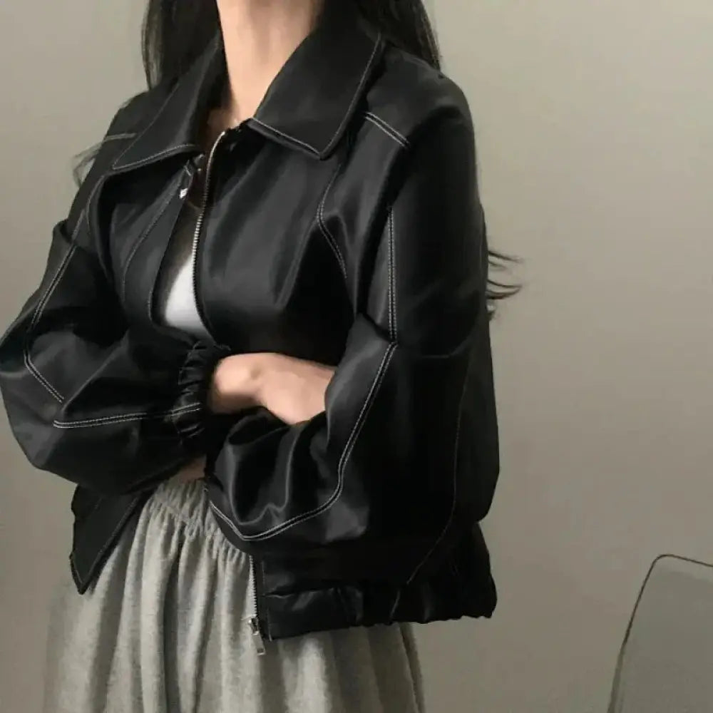 Black Faux Leather Bomber Jacket with Contrast Stitching