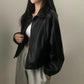 Black Faux Leather Bomber Jacket with Contrast Stitching