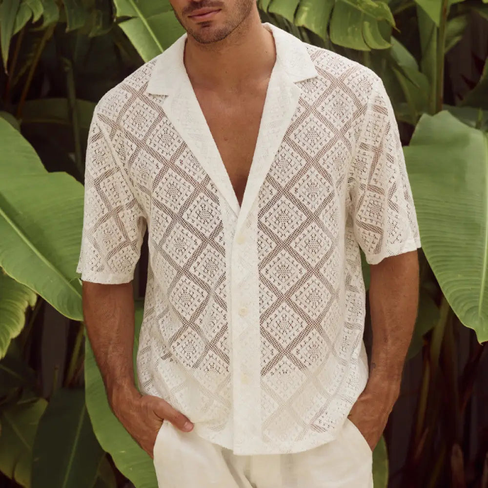 Men's Breathable Diamond Textured Hollow Lapel Shirt