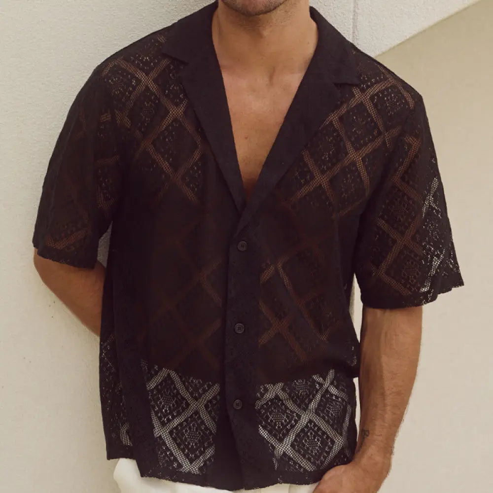 Men's Breathable Diamond Textured Hollow Lapel Shirt