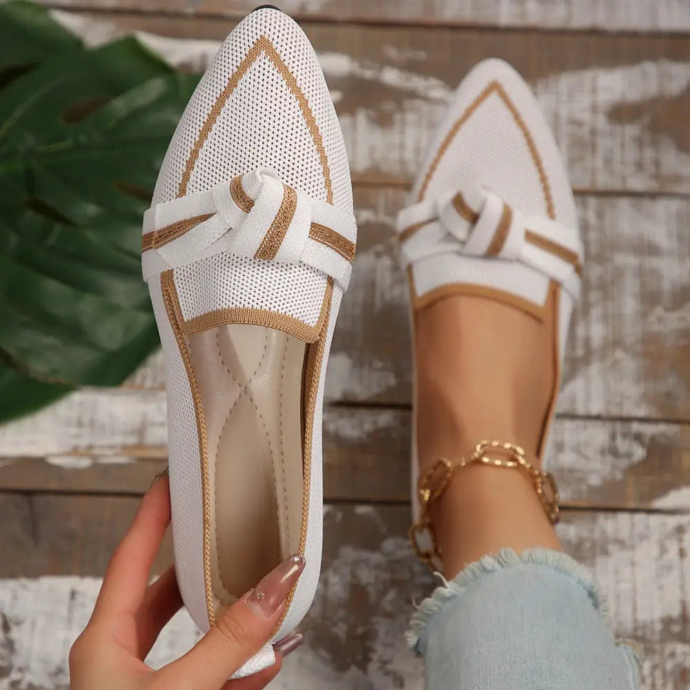 Woven Pointed Toe Bow Flat Breathable Summer Loafers