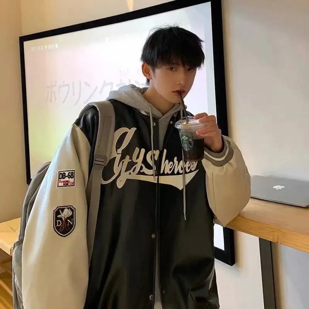 Men's Embroidered Pu Leather Baseball Bomber Jacket