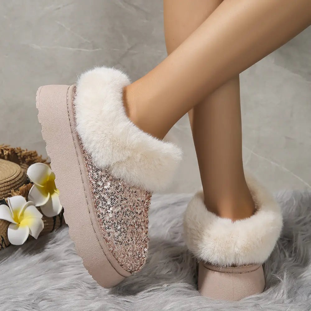 Women's Sequined Plush Winter Platform Slippers