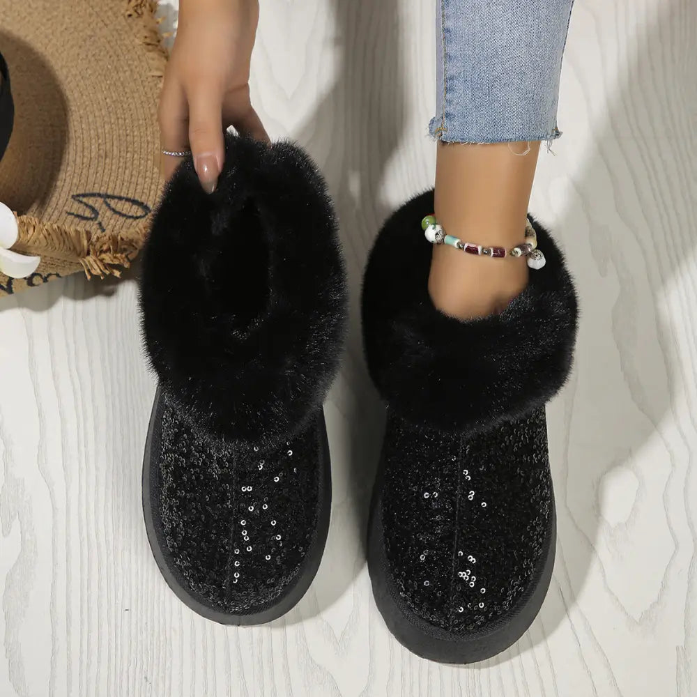 Women's Sequined Plush Winter Platform Slippers