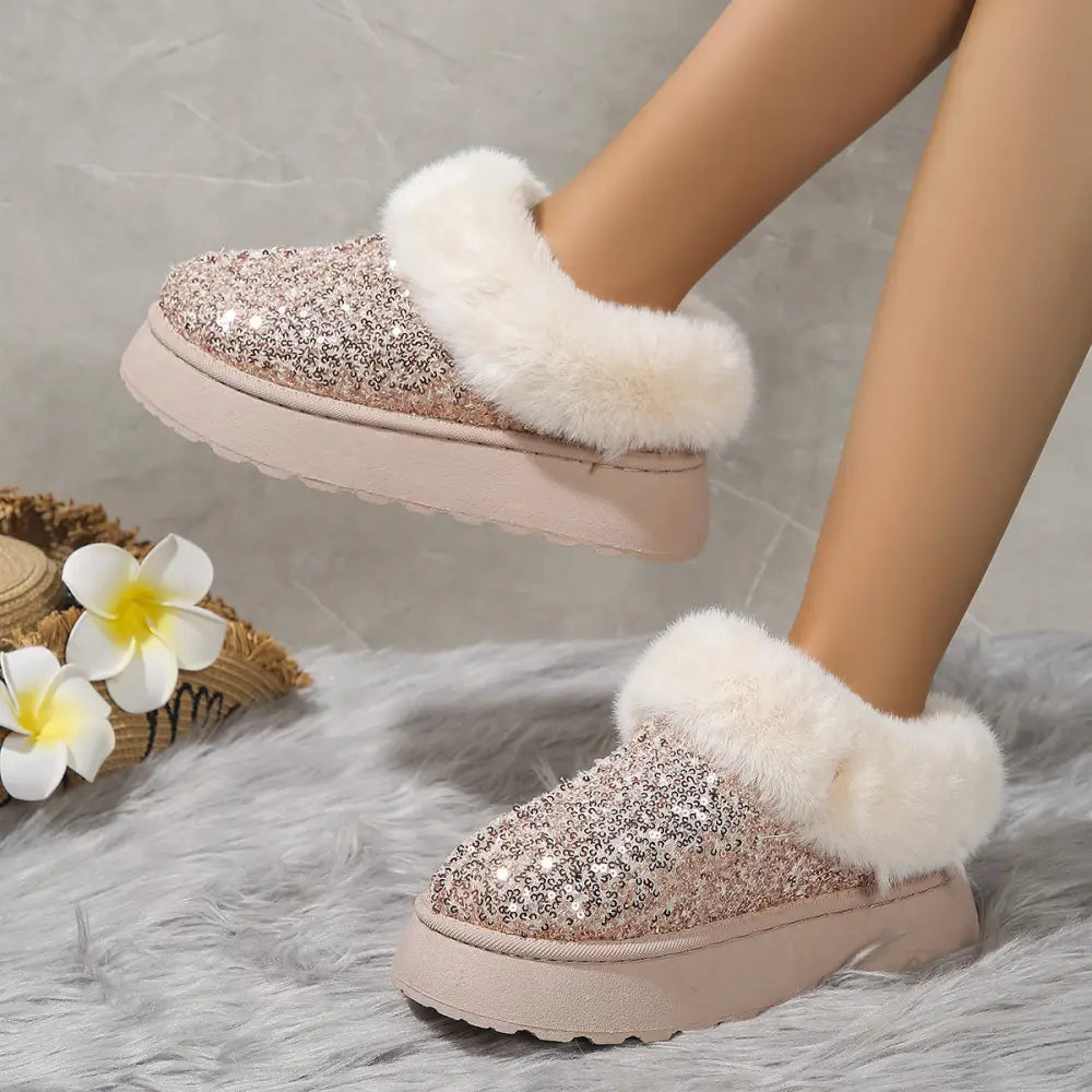 Women's Sequined Plush Winter Platform Slippers