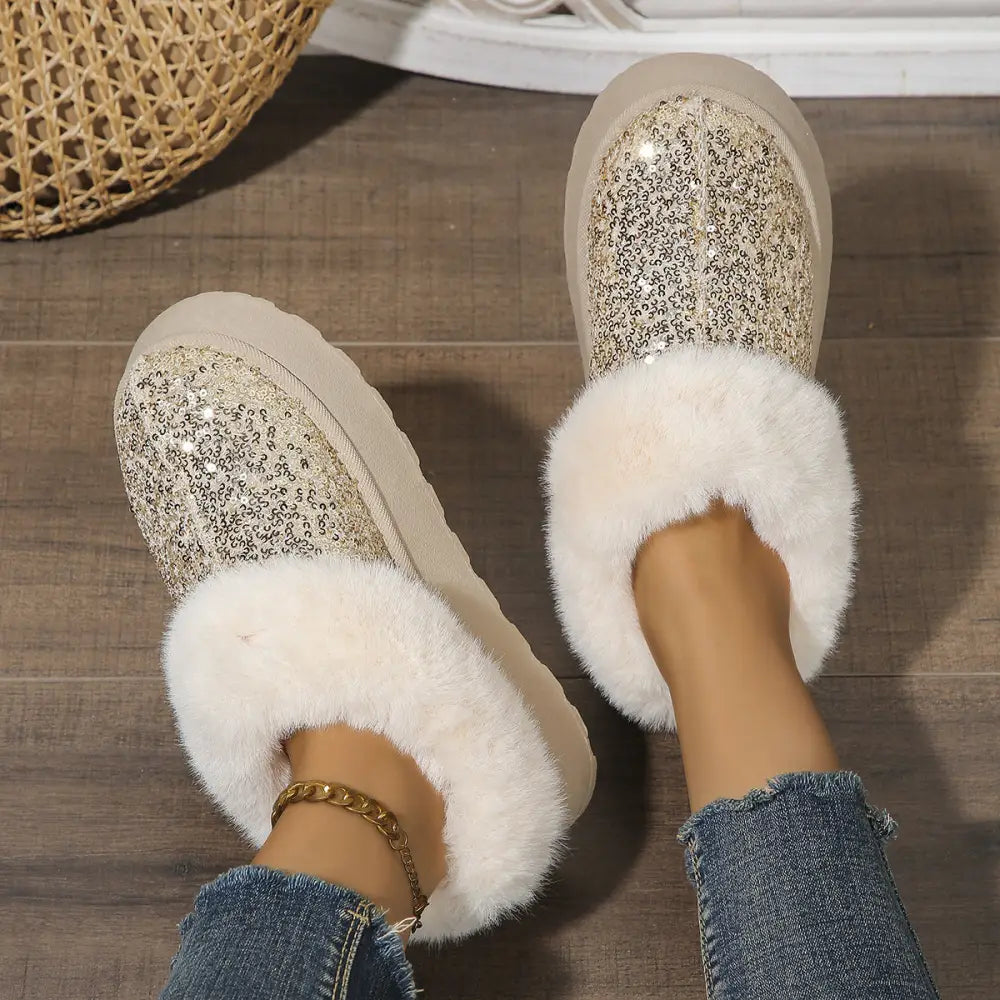 Women's Sequined Plush Winter Platform Slippers