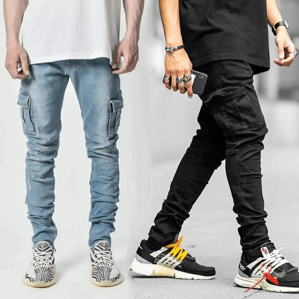 Slim Fit Distressed Denim Multi Pocket Cargo Jeans