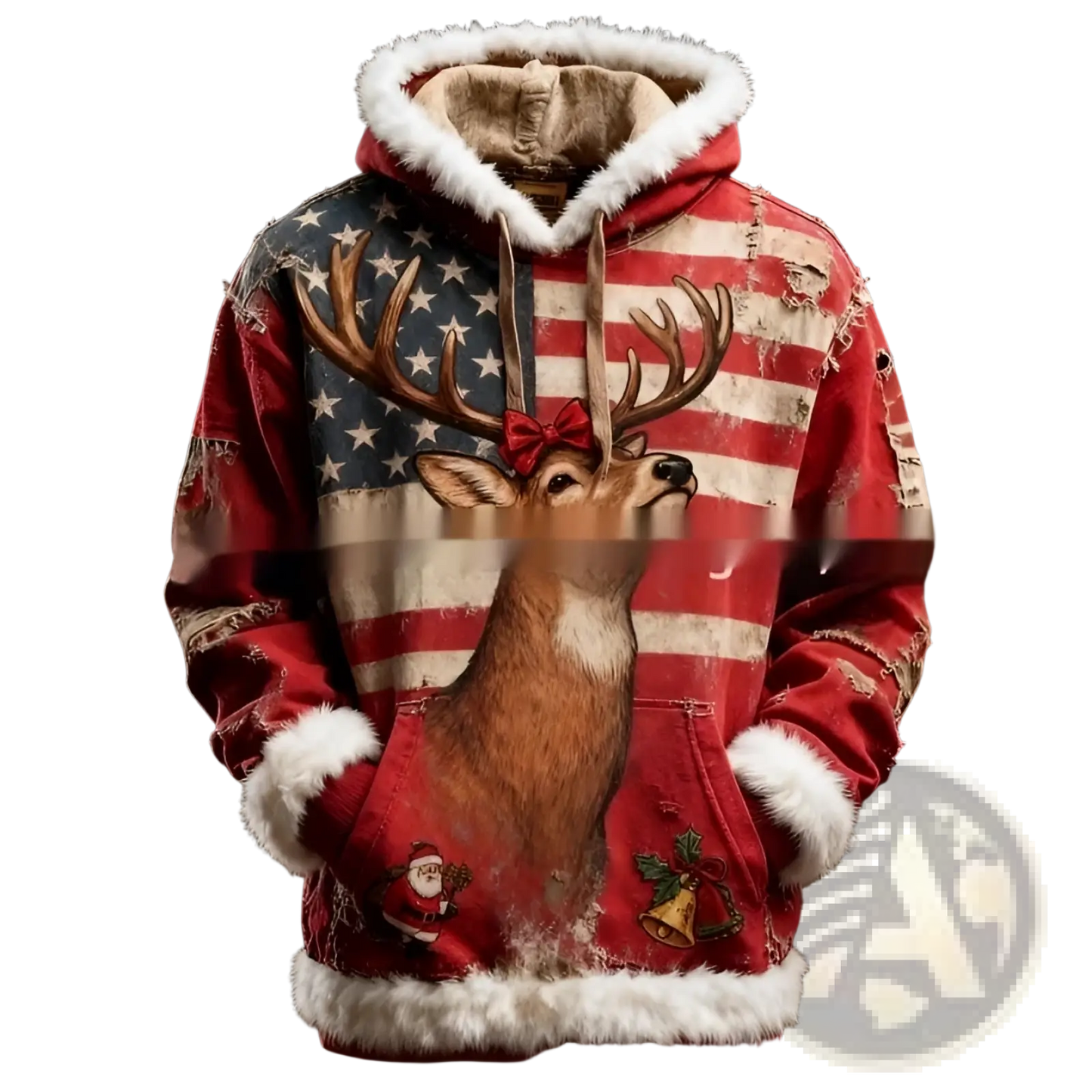 Faux Fur Trim Santa Claus Hoodie with American Flag Print