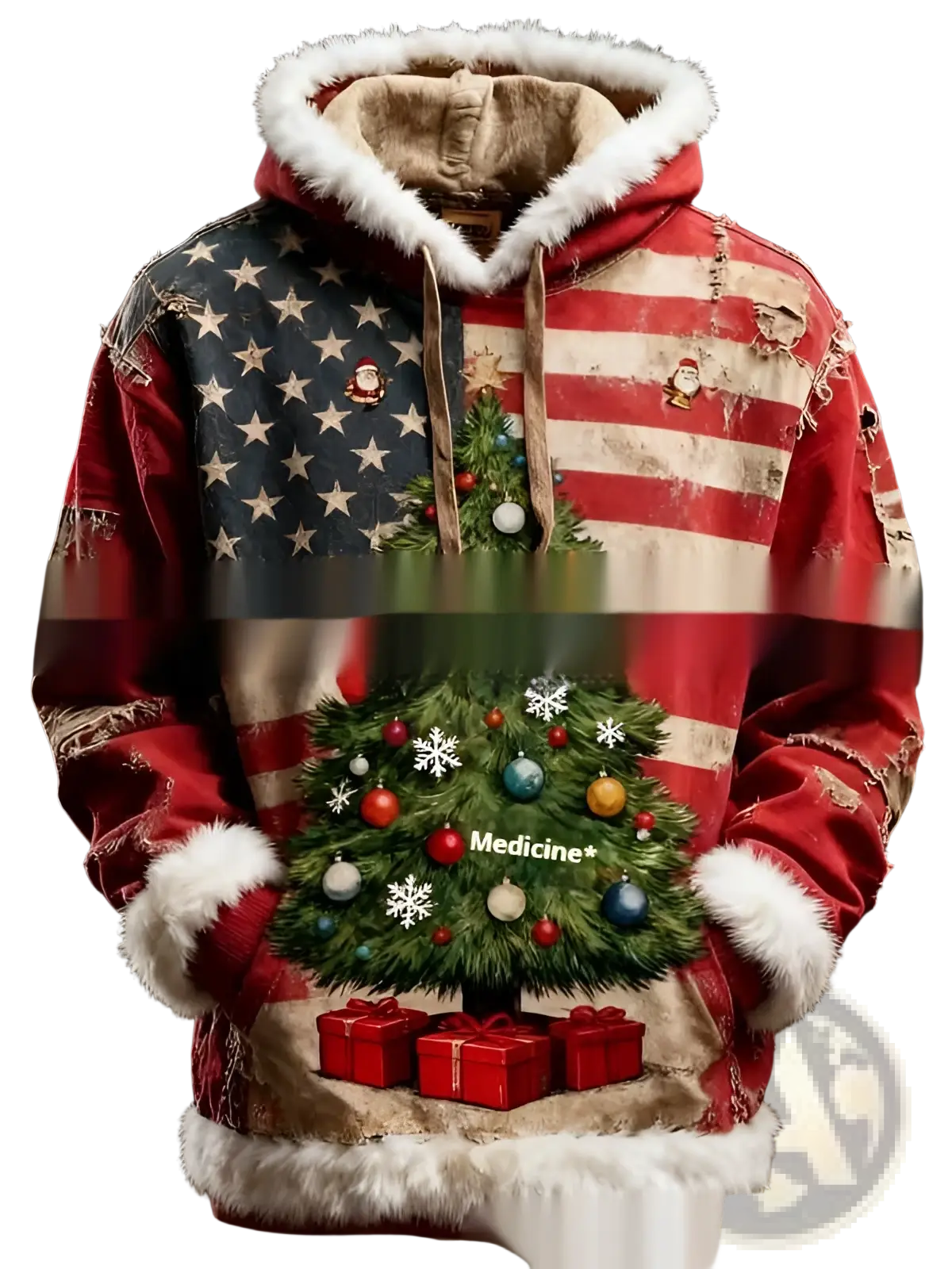 Faux Fur Trim Santa Claus Hoodie with American Flag Print