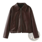 Faux Leather Bomber Jacket Loose Fit Cropped Moto Coat