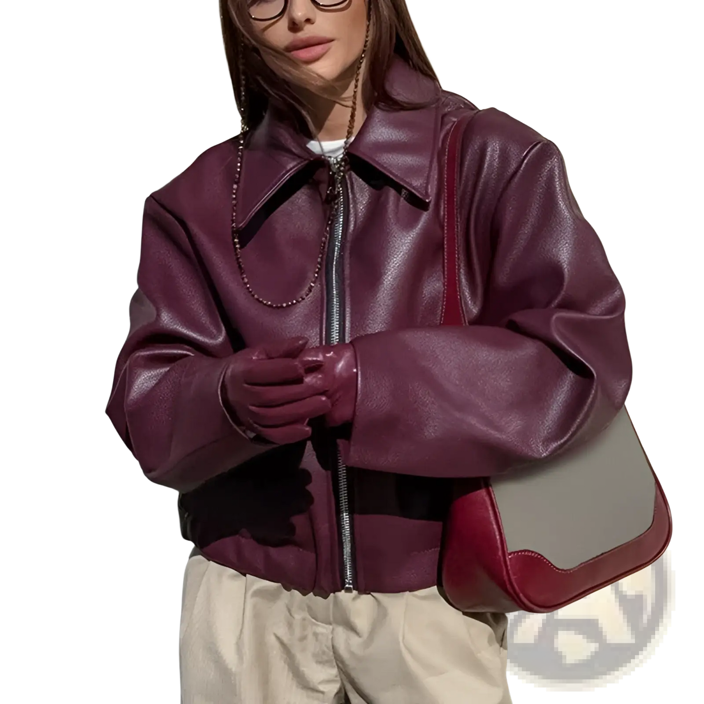 Faux Leather Bomber Jacket Loose Fit Cropped Moto Coat