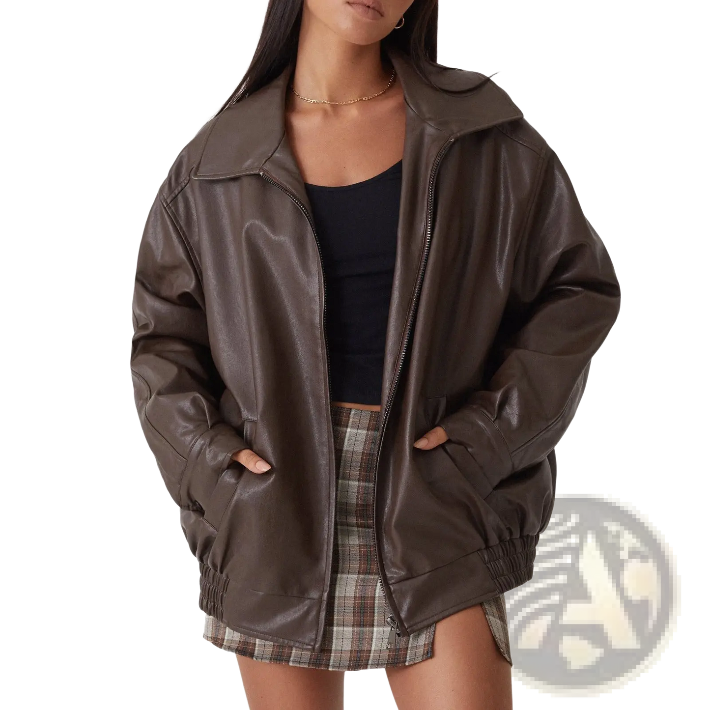Faux Leather Bomber Jacket Relaxed Fit Women's Coat