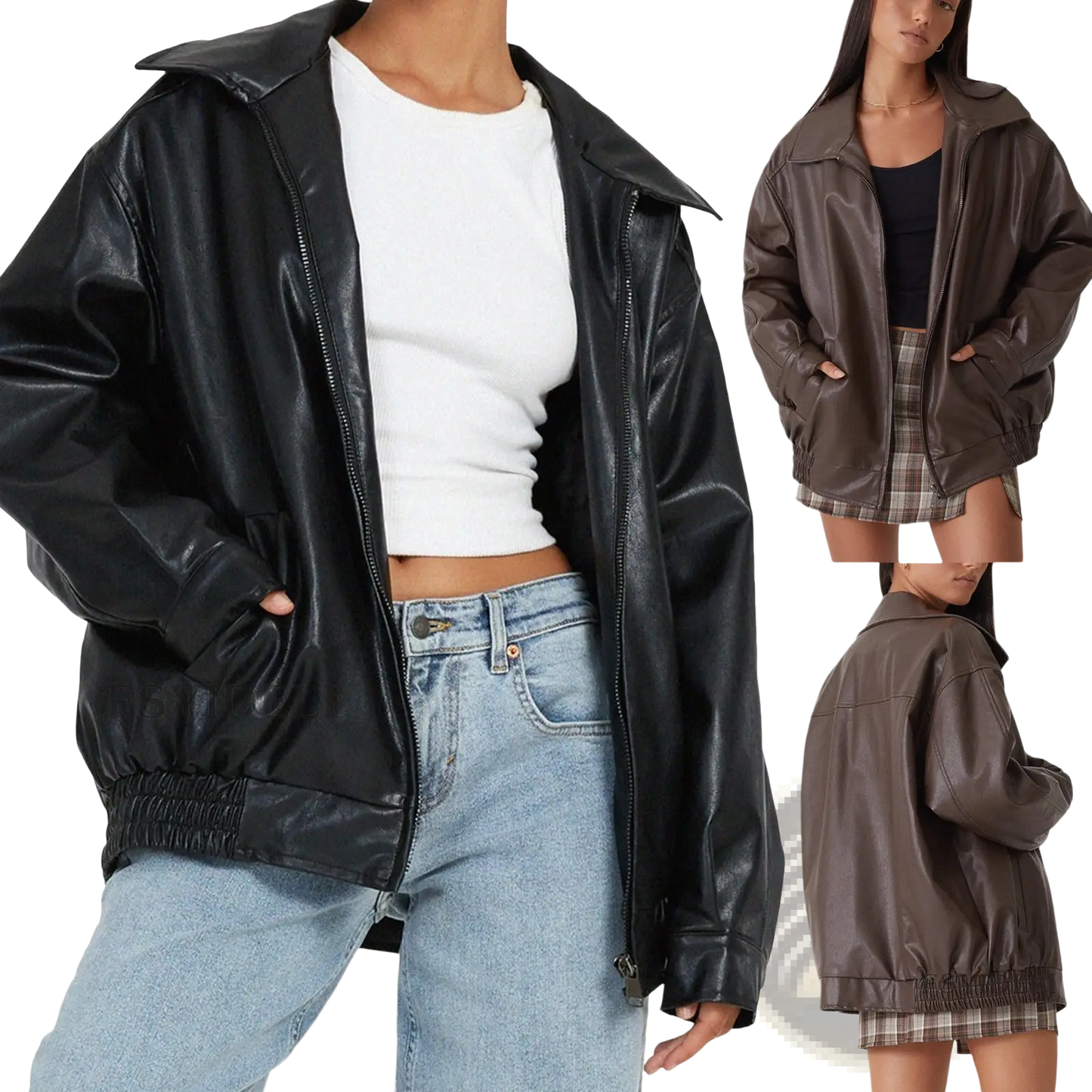 Faux Leather Bomber Jacket Relaxed Fit Women's Coat