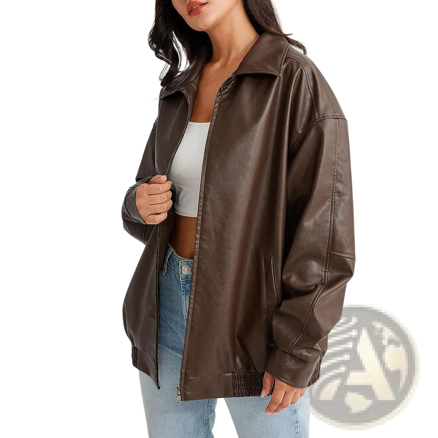 Faux Leather Bomber Jacket Relaxed Fit Women's Coat