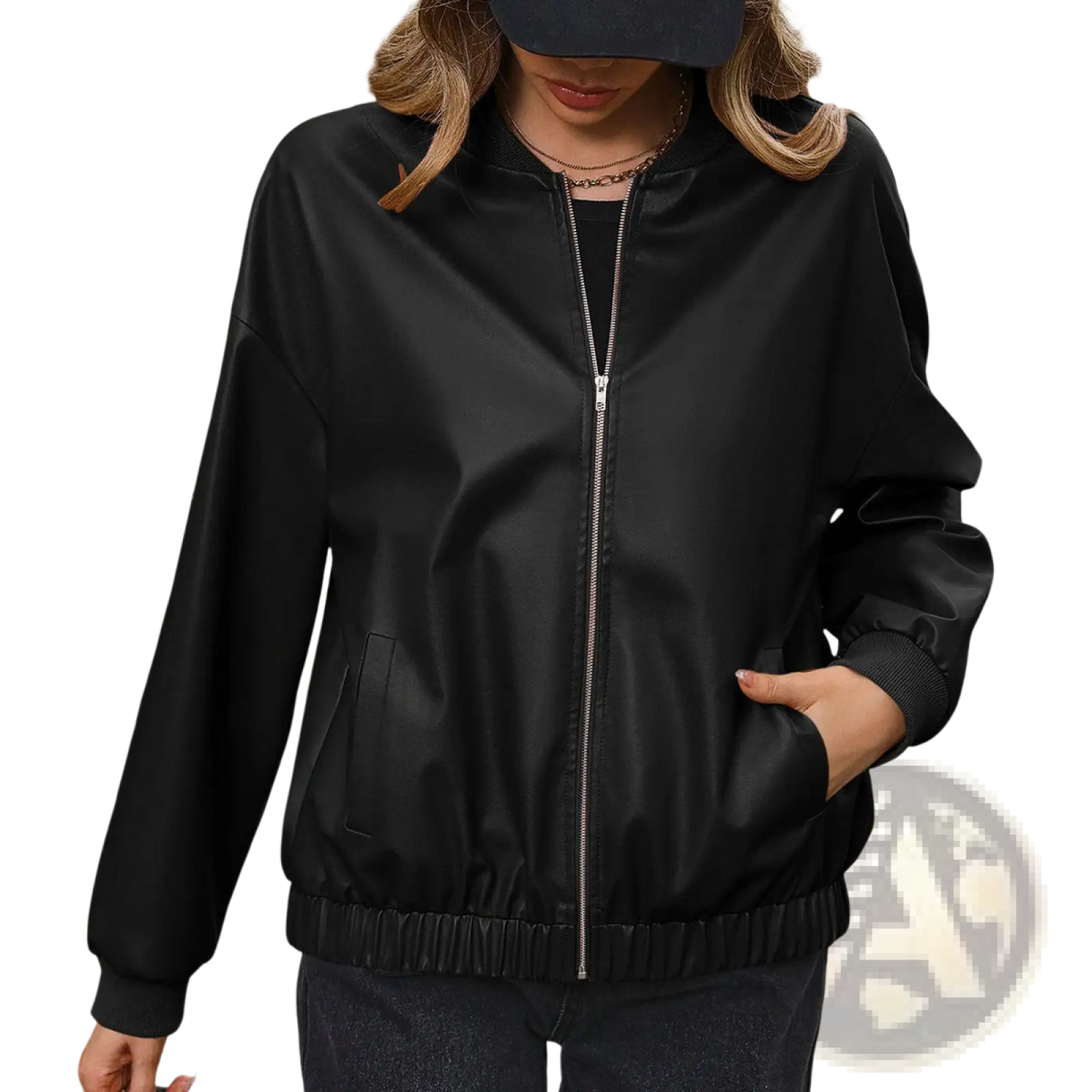 Faux Leather Bomber Jacket with Ribbed Cuffs