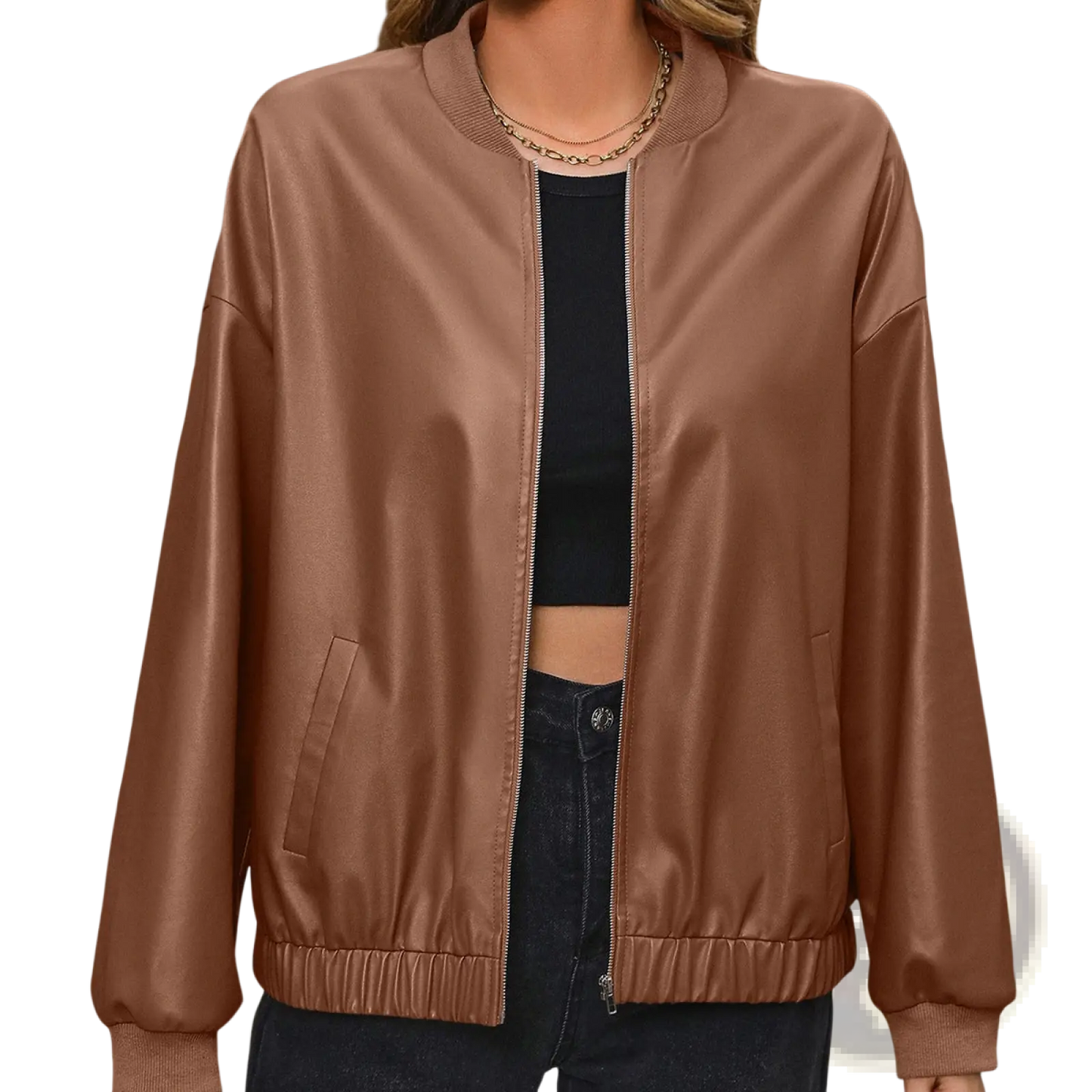 Faux Leather Bomber Jacket with Ribbed Cuffs