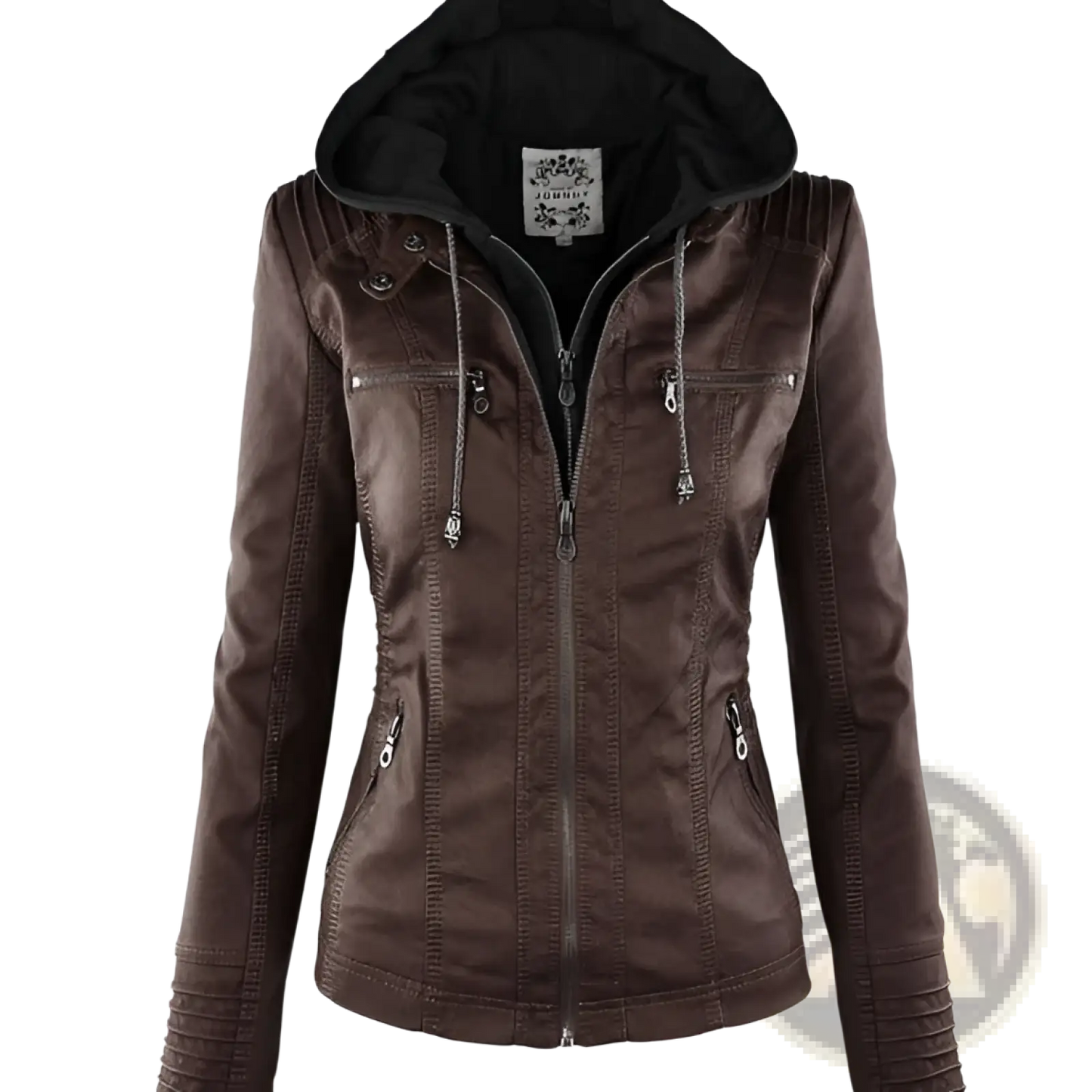 Faux Leather Moto Jacket with Detachable Hood