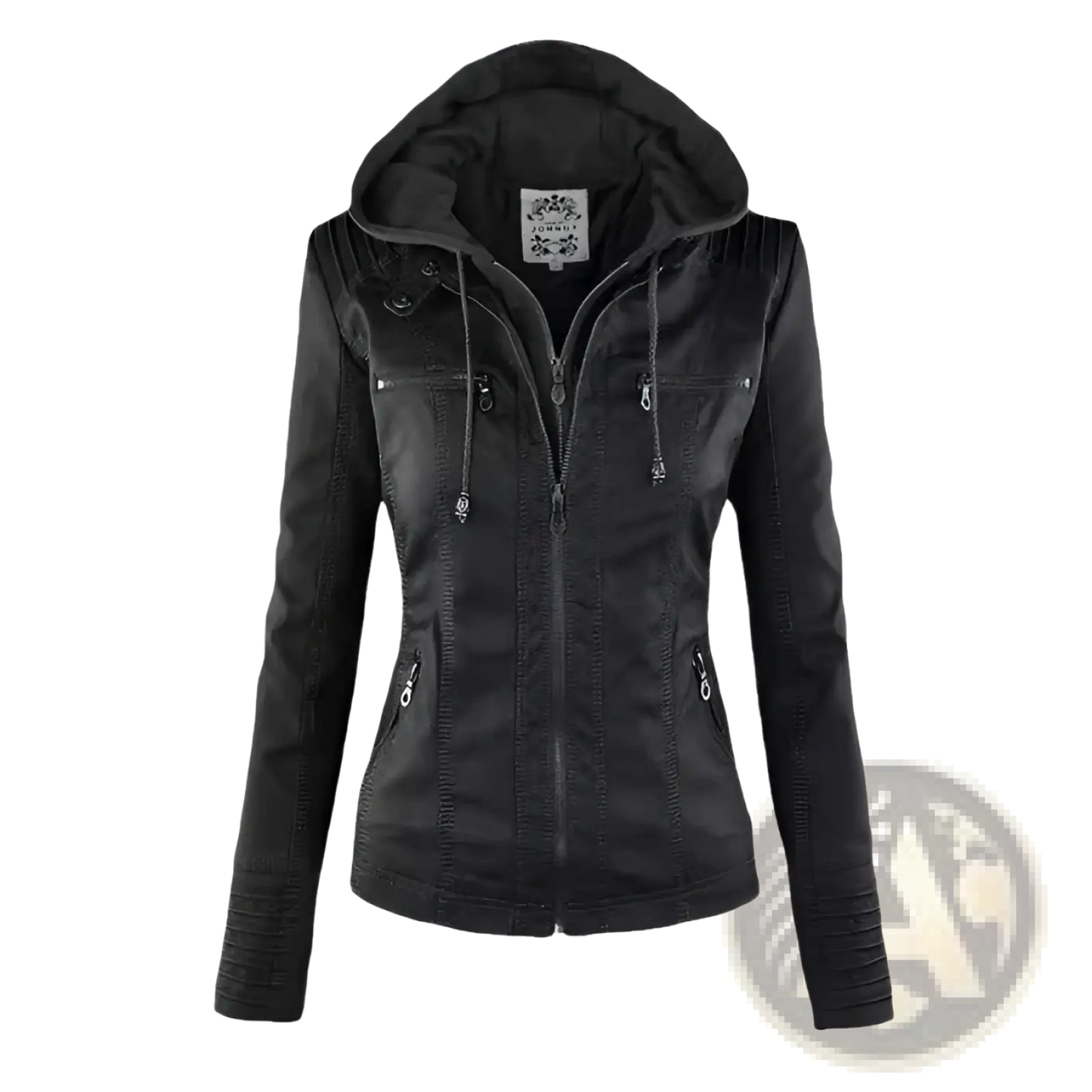 Faux Leather Moto Jacket with Detachable Hood
