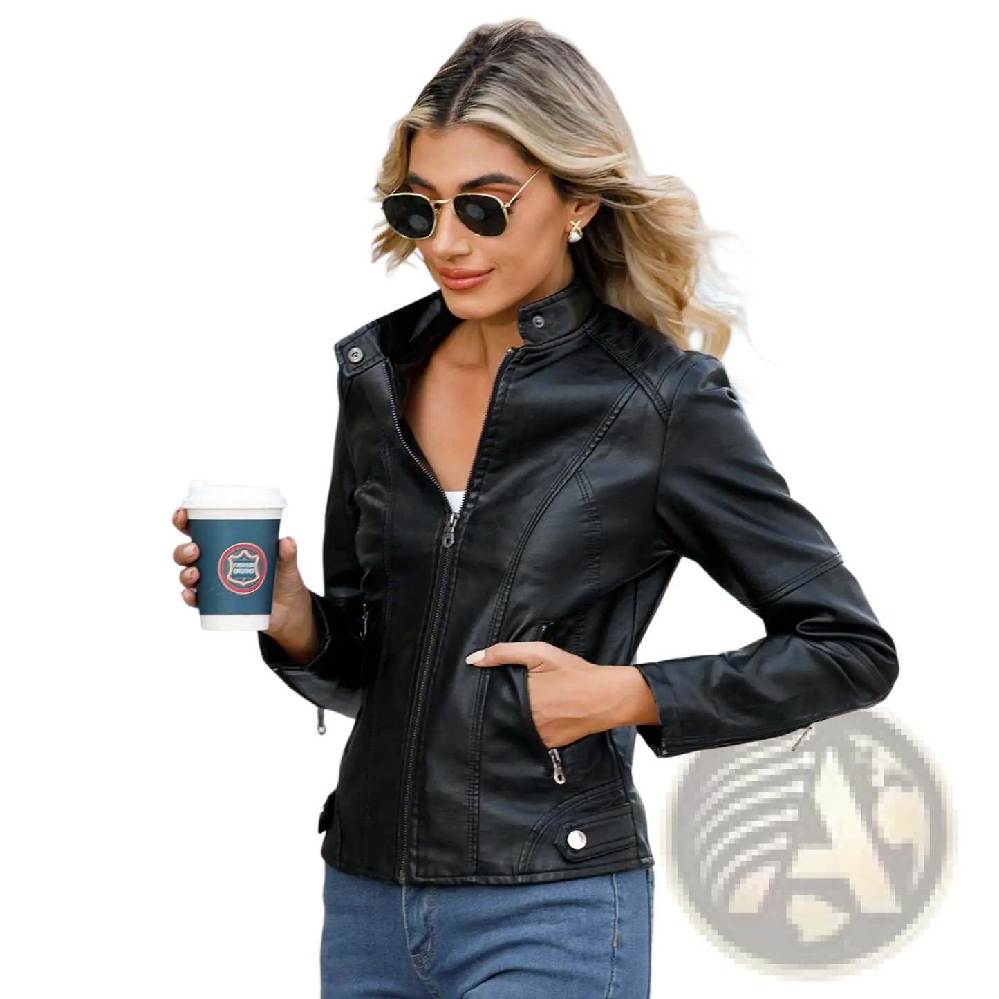Faux Leather Moto Jacket Slim Fit Stand Collar