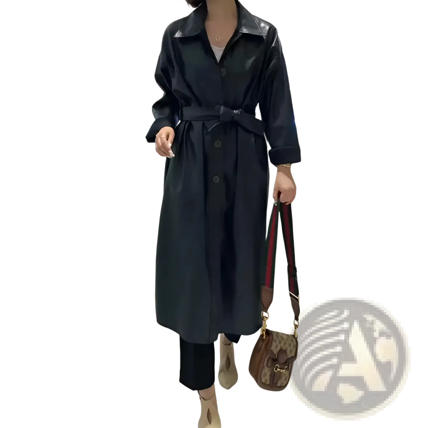 Faux Leather Trench Coat Belted Long Windbreaker Jacket