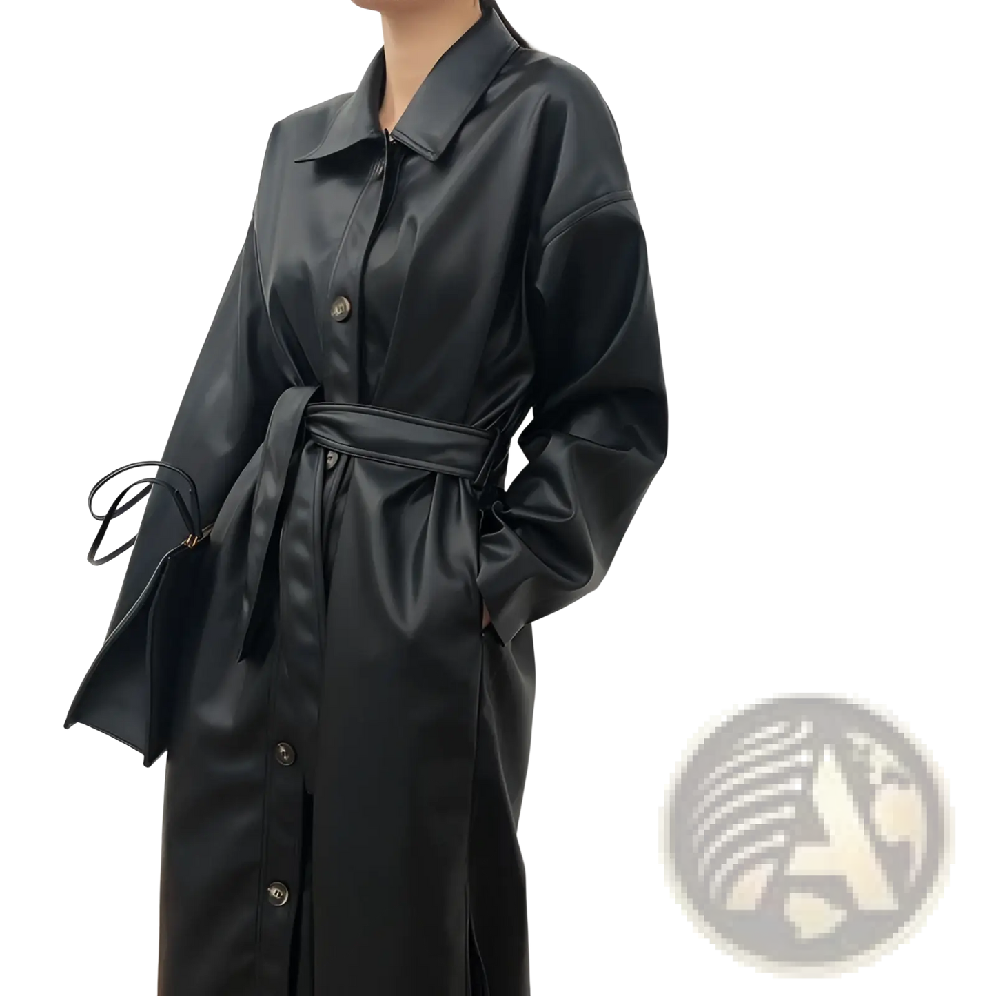 Faux Leather Trench Coat Belted Long Windbreaker Jacket