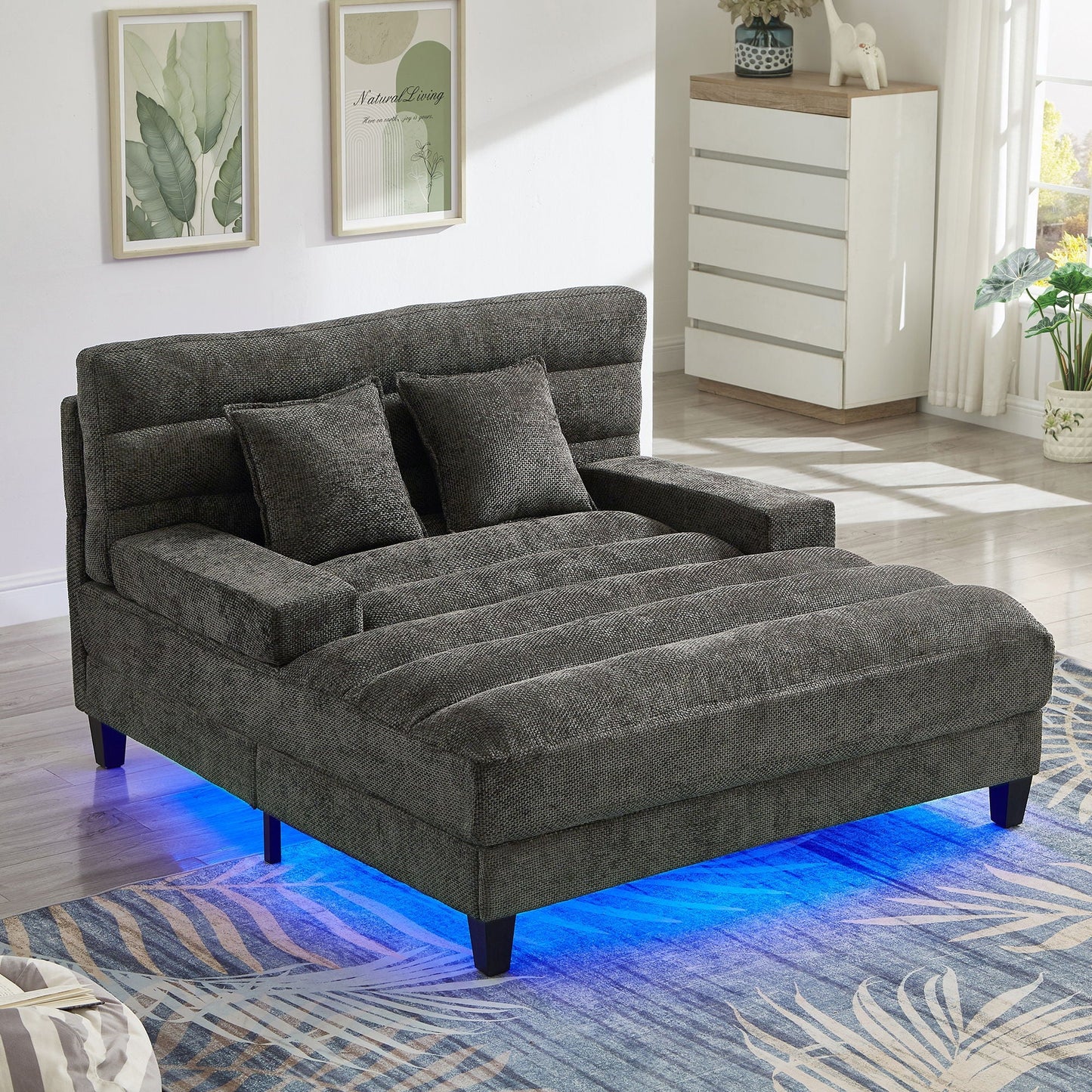 Chaise Bed Lounge Sofa Chair with Adjustable Backrest and LED Light Strip