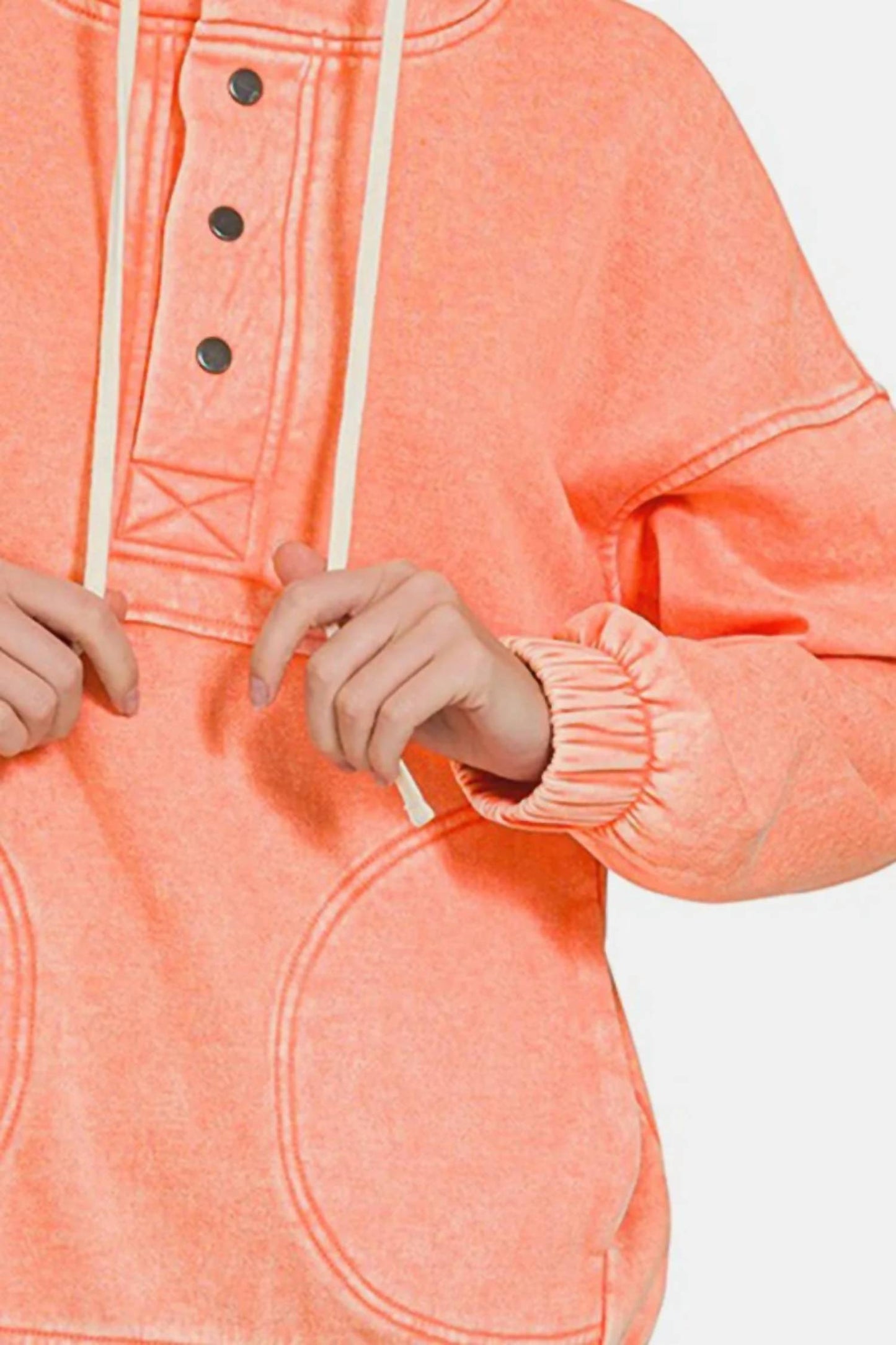 Zenana - Drawstring Half Snap Dropped Shoulder Hoodie