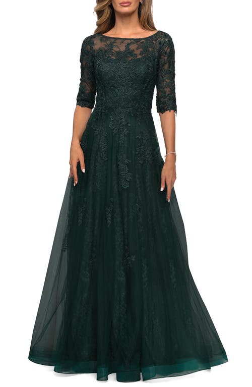 La Femme Floral Lace Tulle Gown - Emerald
