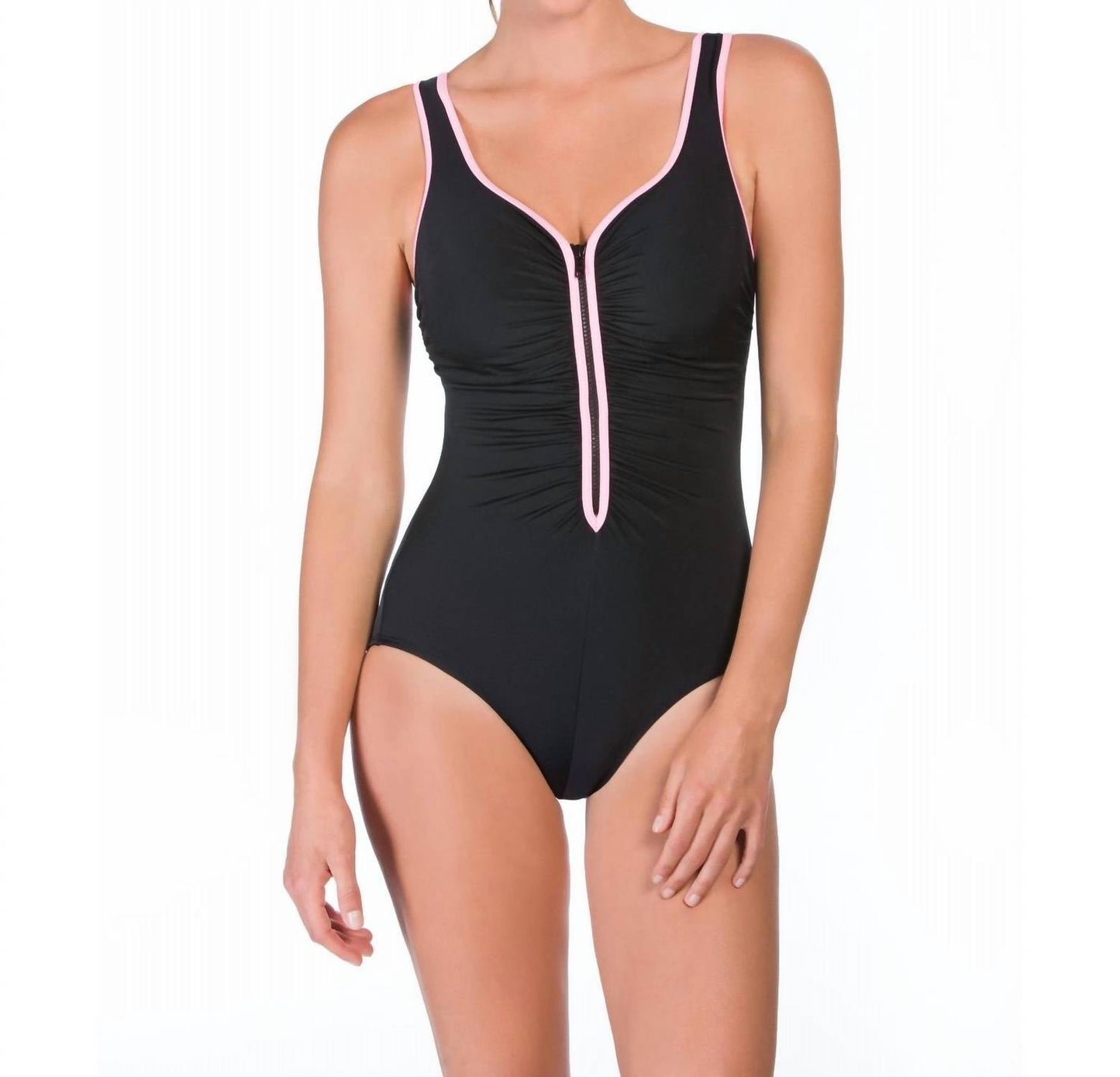 रीबॉक - जिप टाइड आउटलाइन शिर्रेड जिपर फ्रंट स्कूप नेक वन पीस स्विमसूट