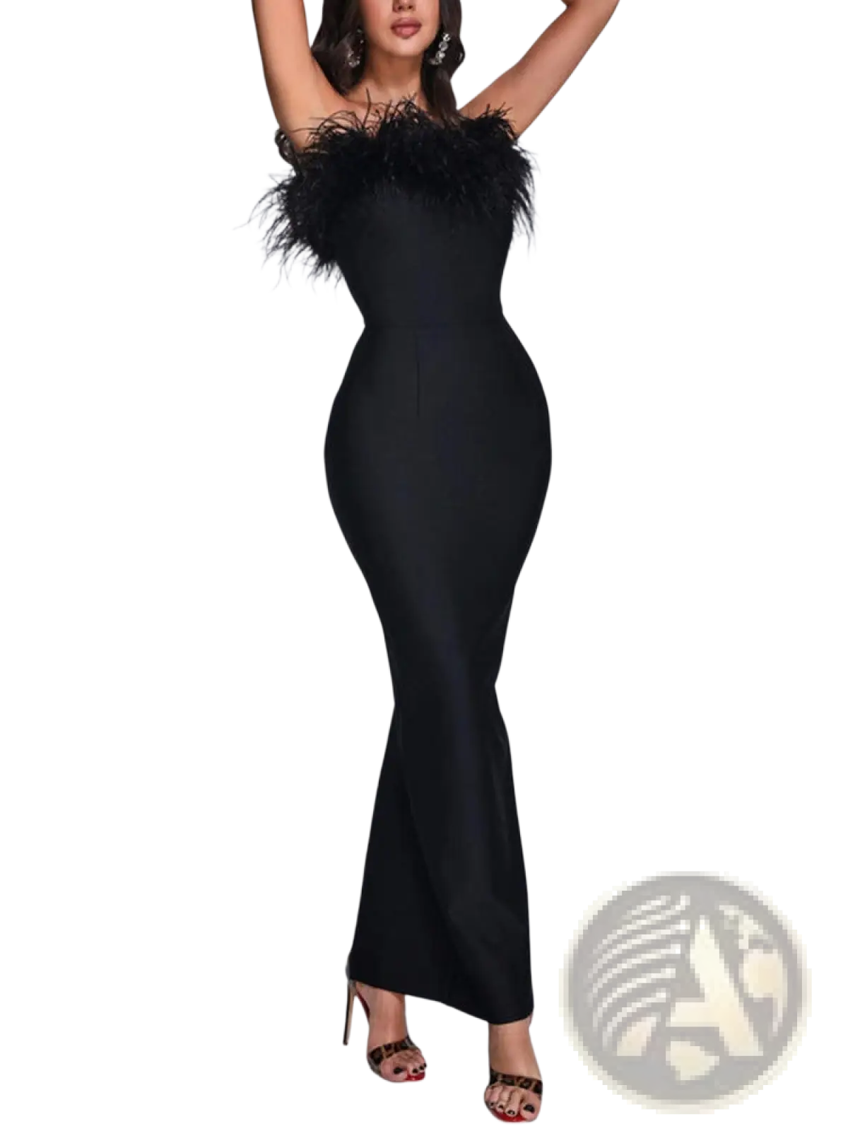 Feathered Satin Strapless Mermaid Evening Gown