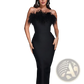 Feathered Satin Strapless Mermaid Evening Gown