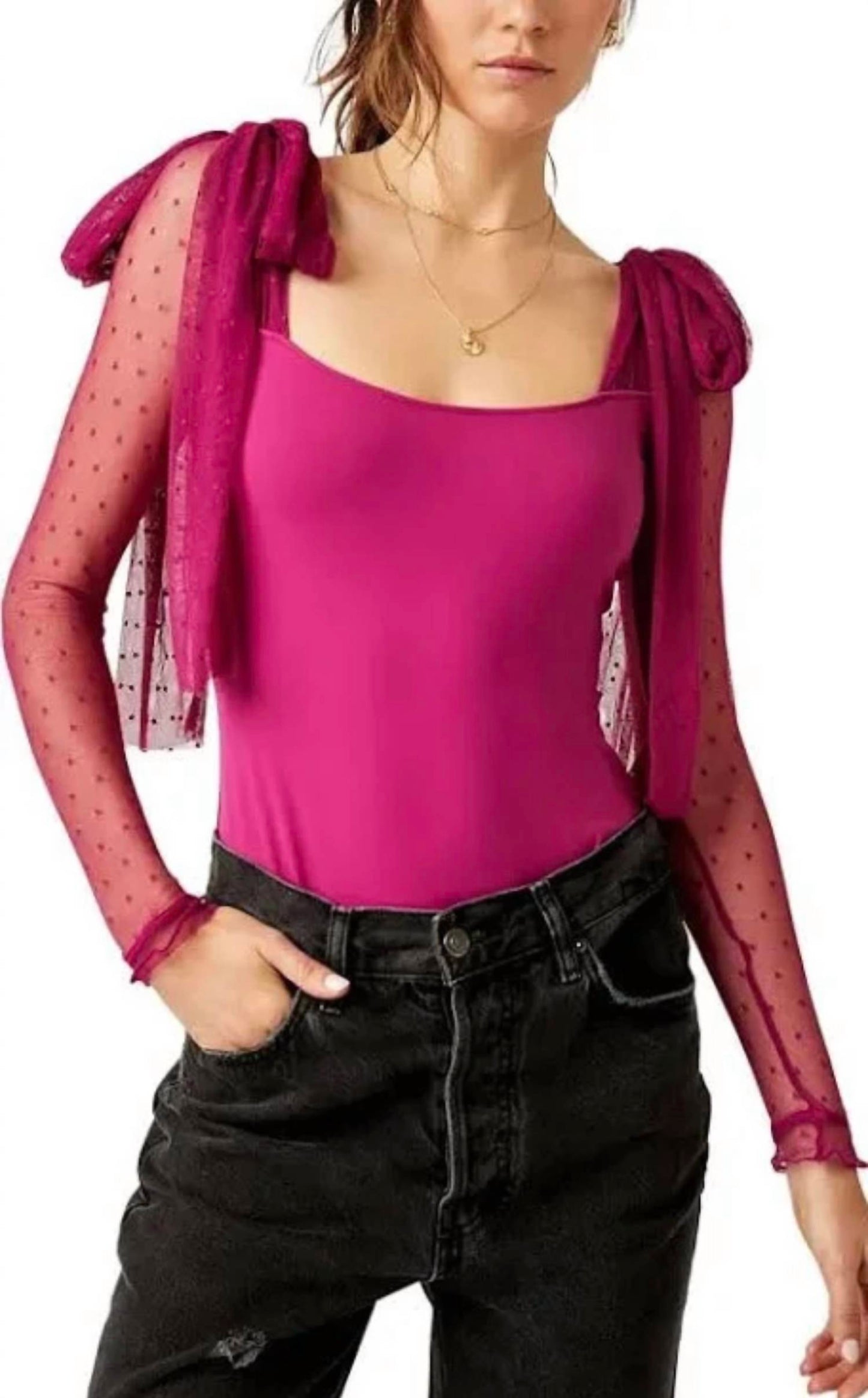 Free People - Tonque Tied sheer sleeve bodysuit