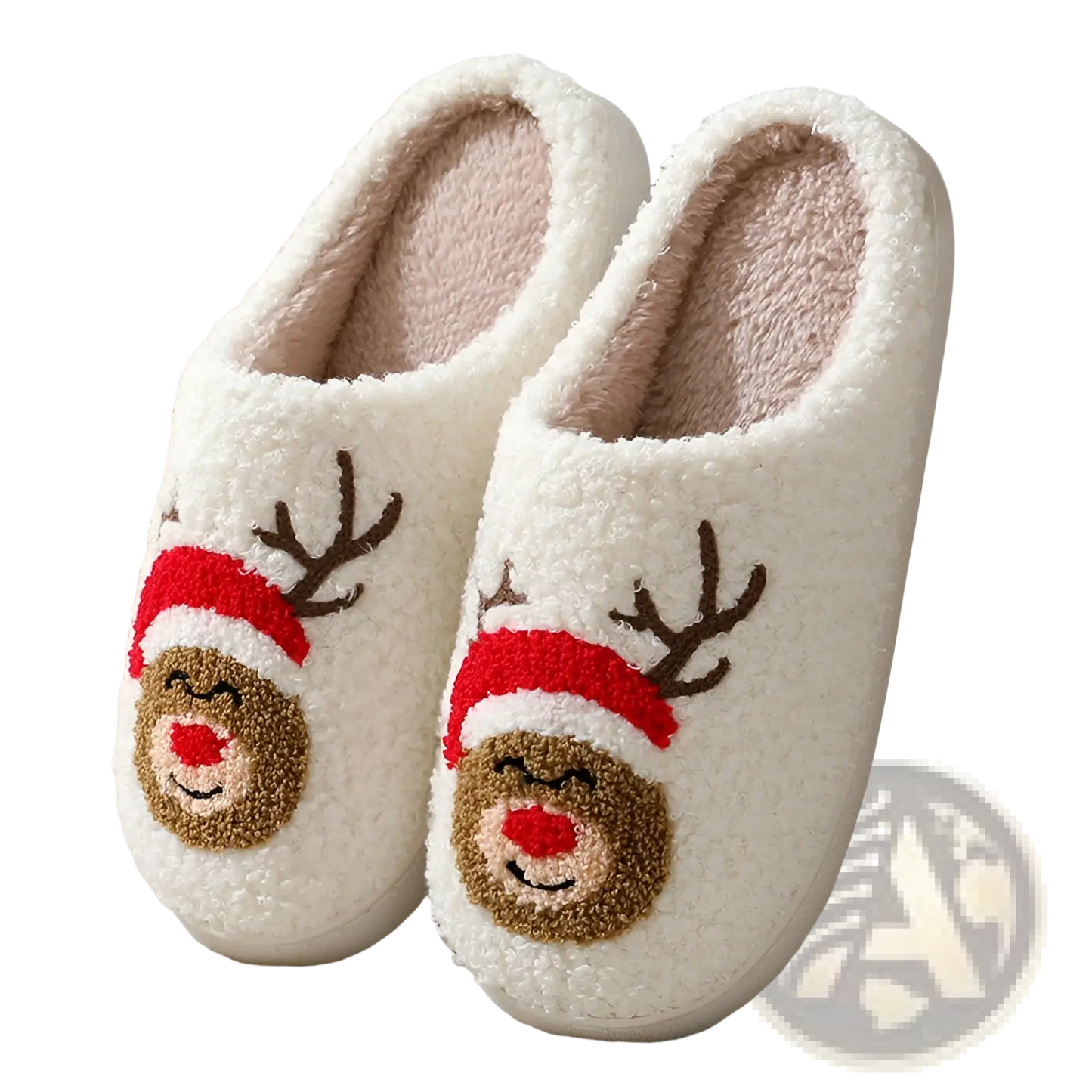 Festive Embroidered Santa and Reindeer Winter Slippers