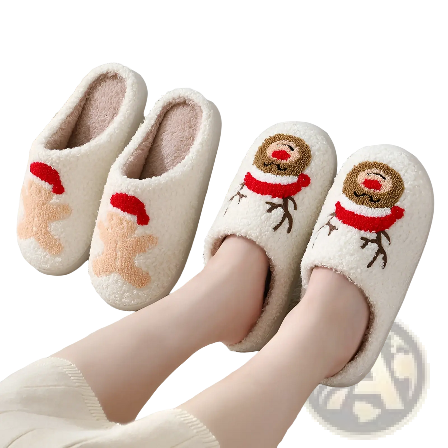 Festive Embroidered Santa and Reindeer Winter Slippers