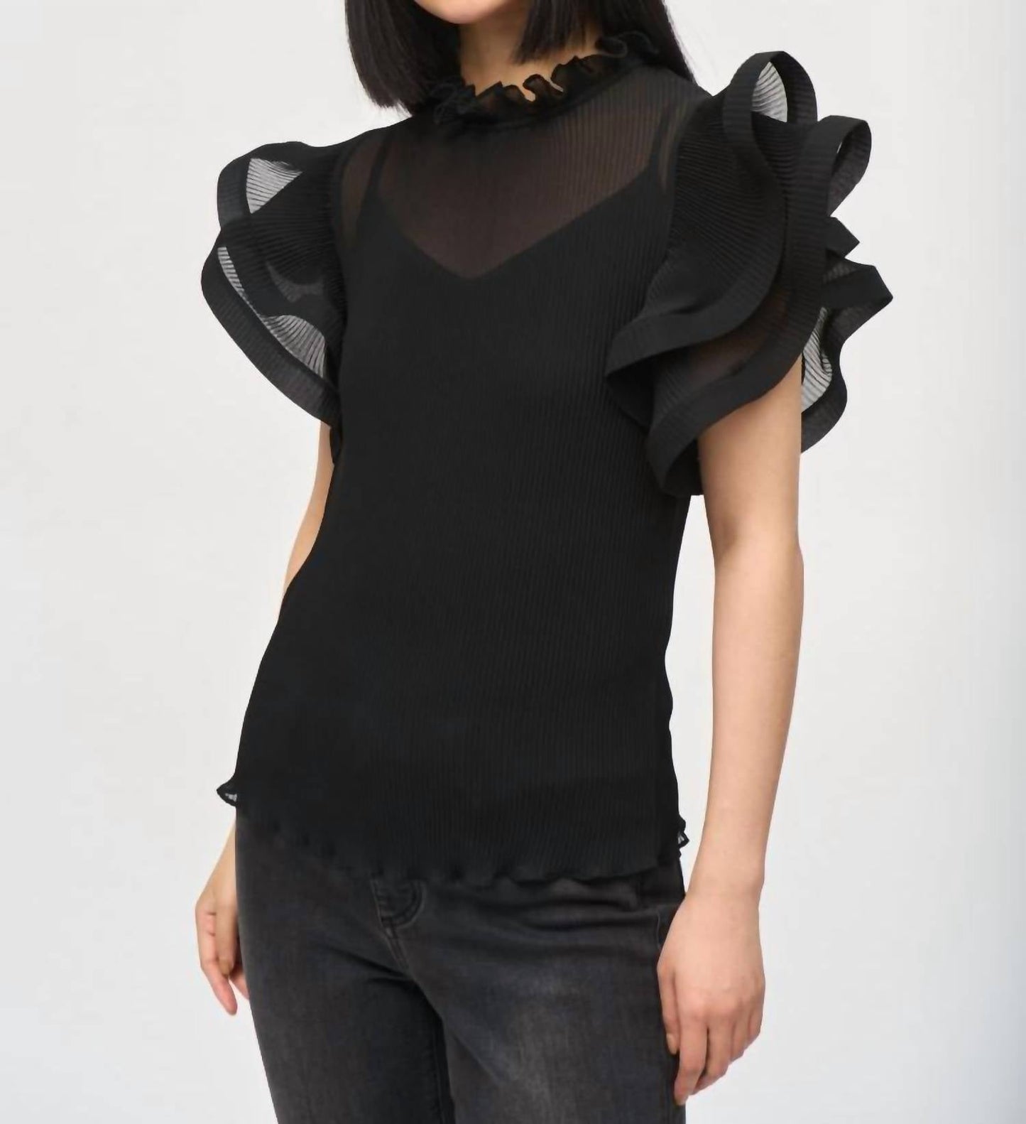 Joseph Ribkoff - Black Chiffon Ruffled Sleeve Turtle Neck Top