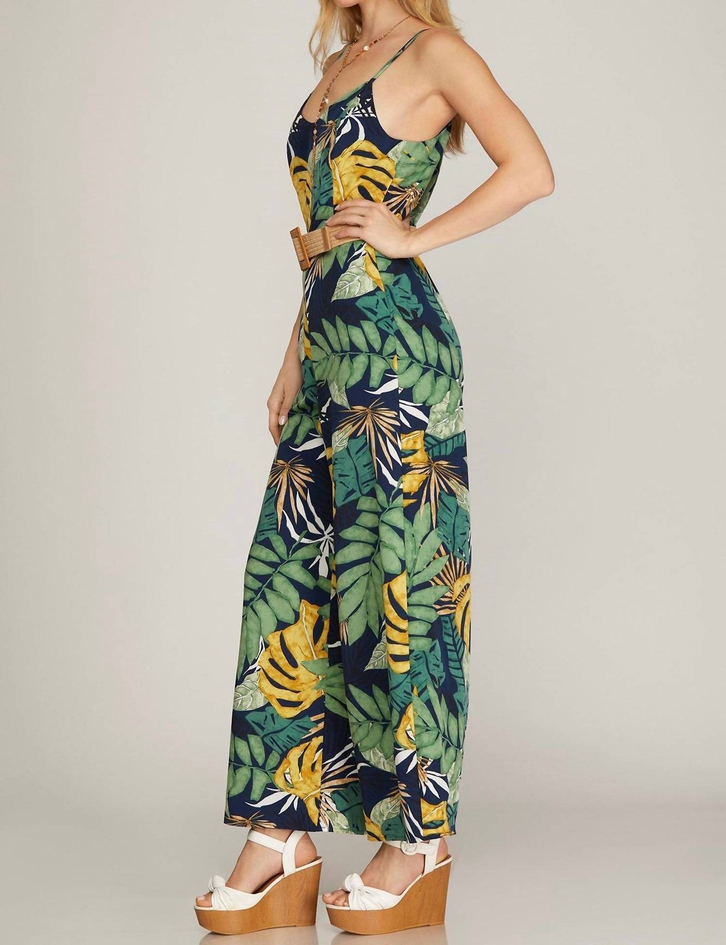 She + Sky - Cami Woven Tropical Print Jumpsuit