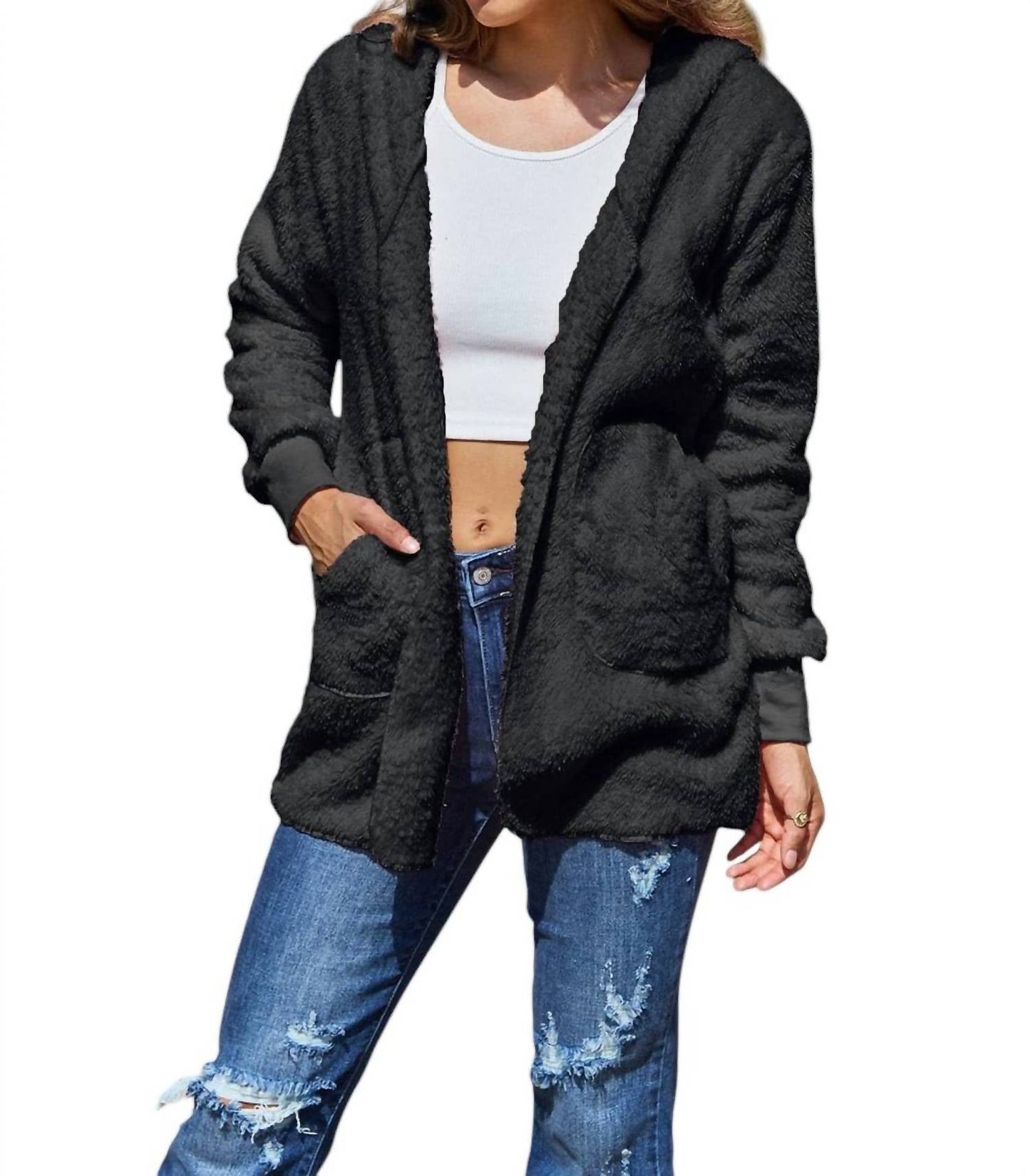 Double Take - Full Size Hooded Teddy Bear Jacket with Thumbholes