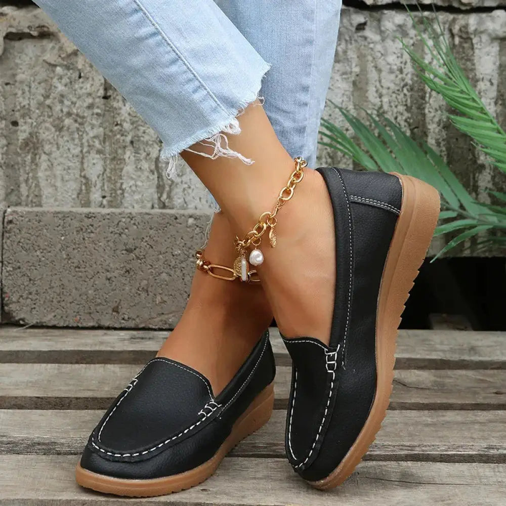 Women's Slip on Pu Leather Loafers with Contrast Stitching