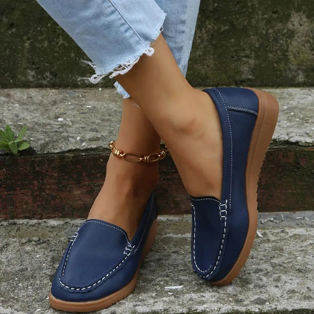 Women's Slip on Pu Leather Loafers with Contrast Stitching