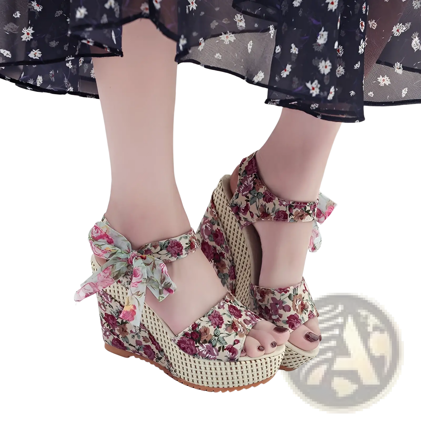 Floral Bohemian Platform Wedge Sandals with Ankle Ties