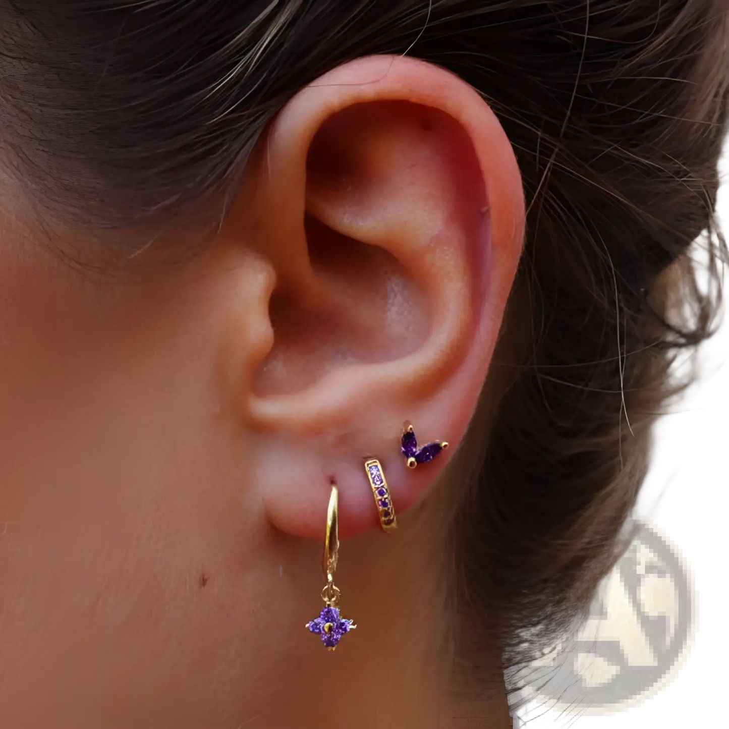 Floral and Butterfly Gold Hoop Earring Set with Gemstones